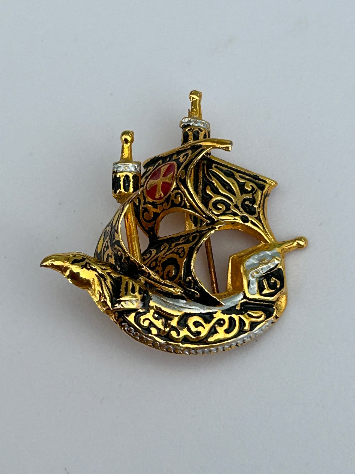 Vintage Spanish Toledo Damascene Gold Tone Galleon Ship Pin Brooch