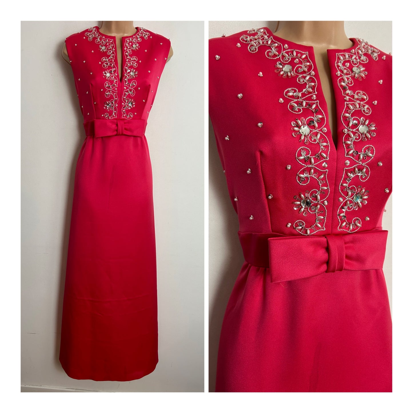 Vintage 1960s UK Size 10 Beautiful Hot Pink Satin Acetate Embellished Bow Detail Special Occasion Gown/Dress