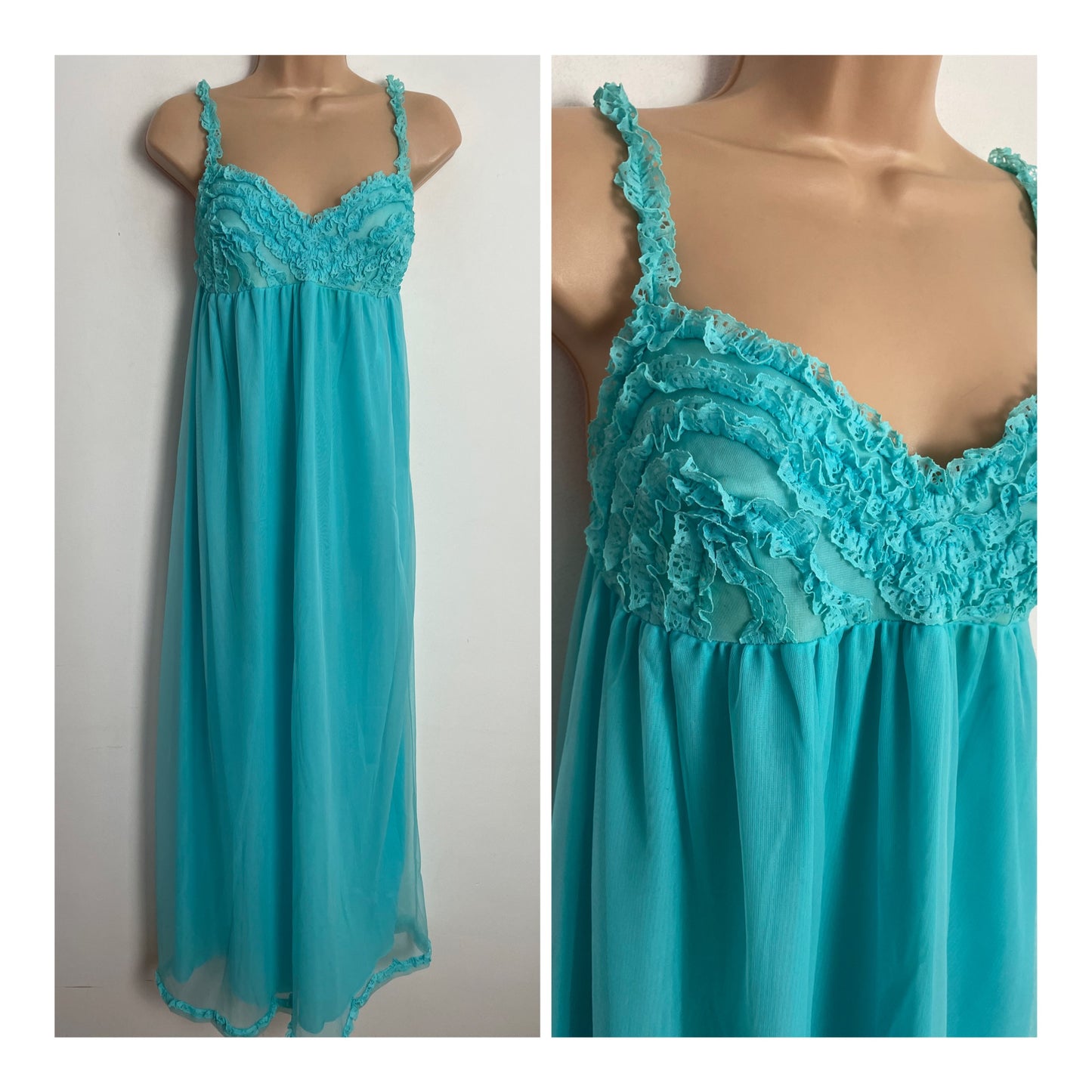 Vintage 1960s Approx UK Size 10-12 Turquoise Nylon Full Length Nightdress/Nightie