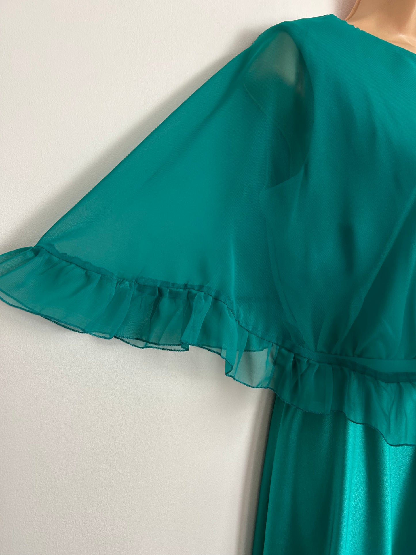 Vintage 1970s UK Size 10 Jade Green Chiffon Cape Overlay Belted Boho Occasion Maxi Dress By C&A