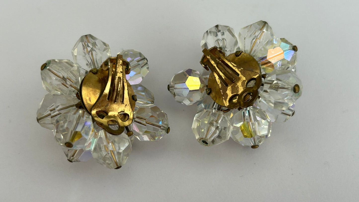 Vintage 1960s Clear Glass Iridescent Multi Faceted Cluster Clip On Earrings