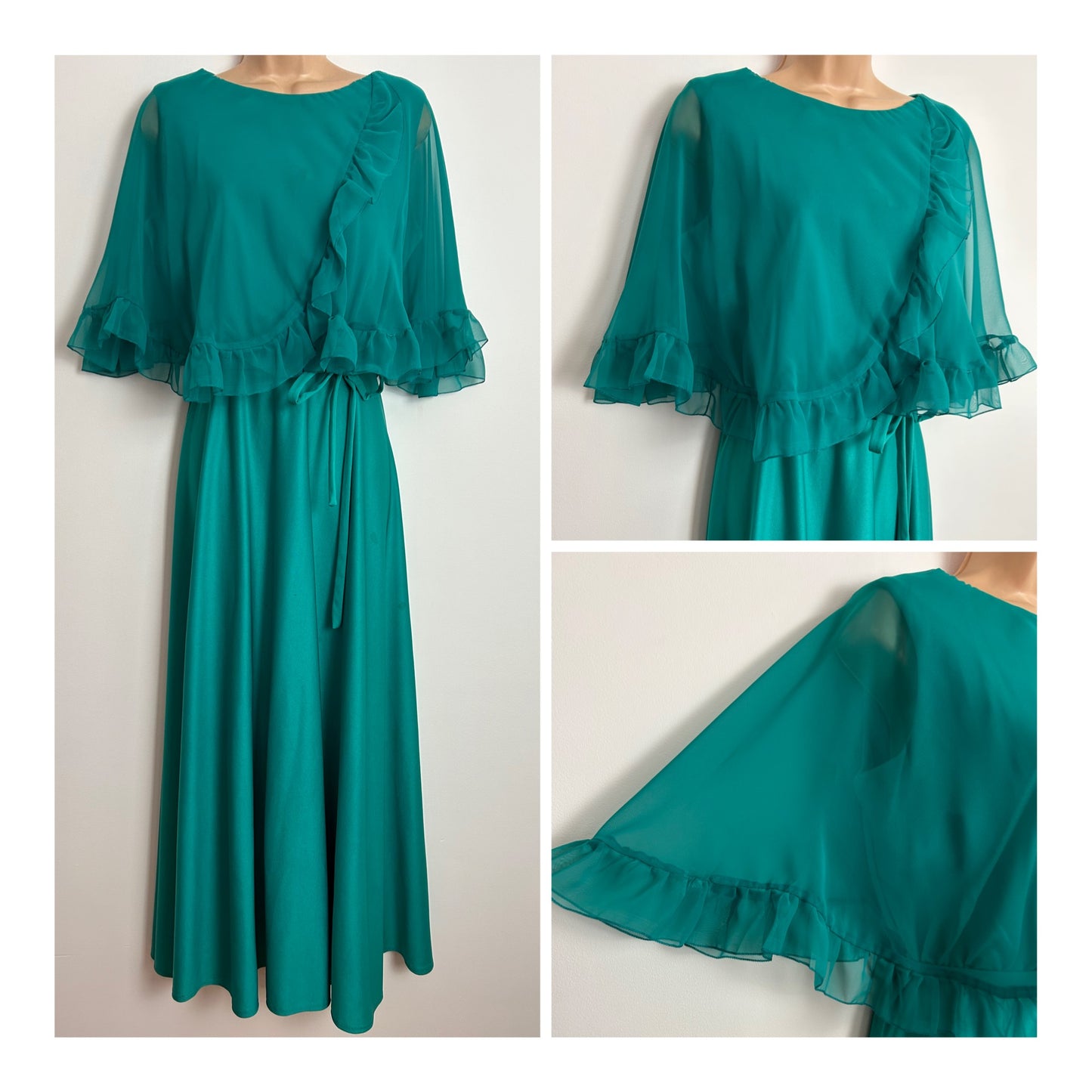 Vintage 1970s UK Size 10 Jade Green Chiffon Cape Overlay Belted Boho Occasion Maxi Dress By C&A