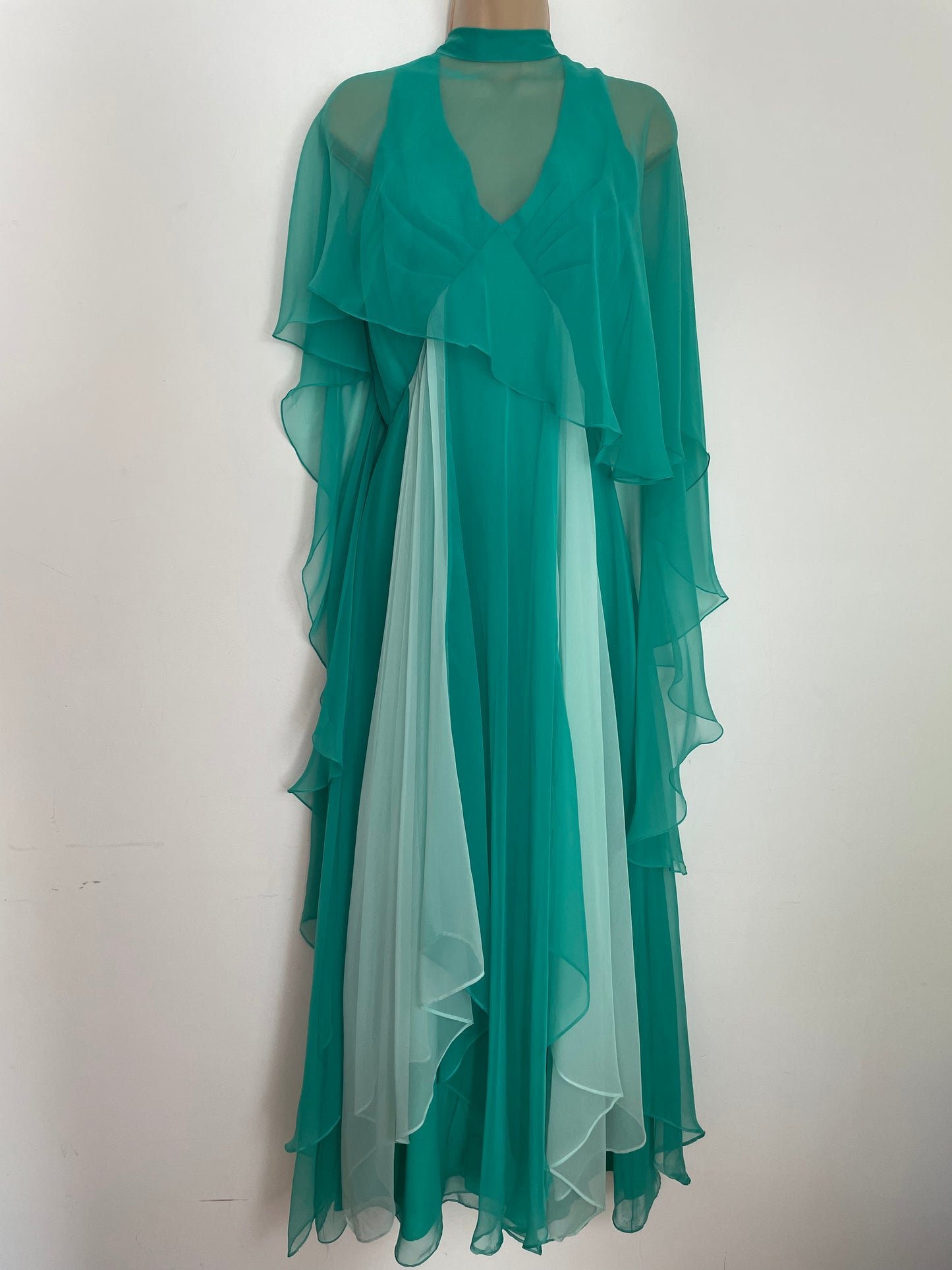 Vintage 1960s UK Size 8 Beautiful Jade Green Chiffon Panelled Layered Special Occasion Evening Maxi Dress With Detachable Cape By Jack Bryan