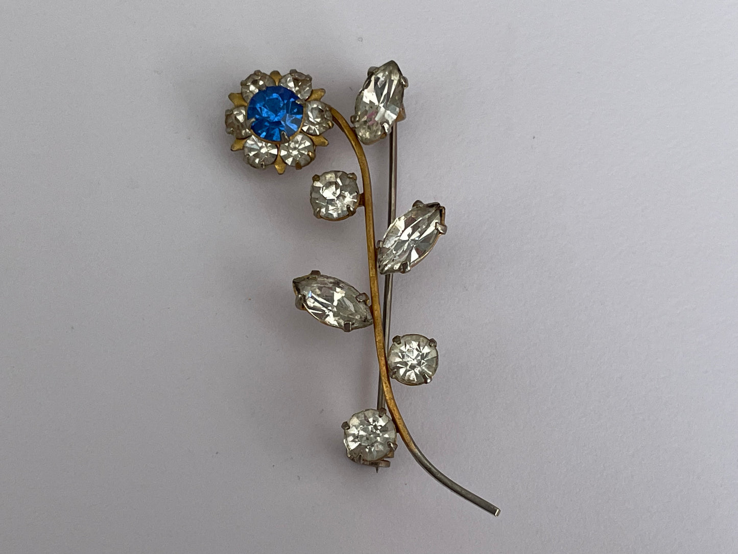 Vintage Early 1960s Gold Tone Base Metal Diamante Set Single Stem Flower Brooch