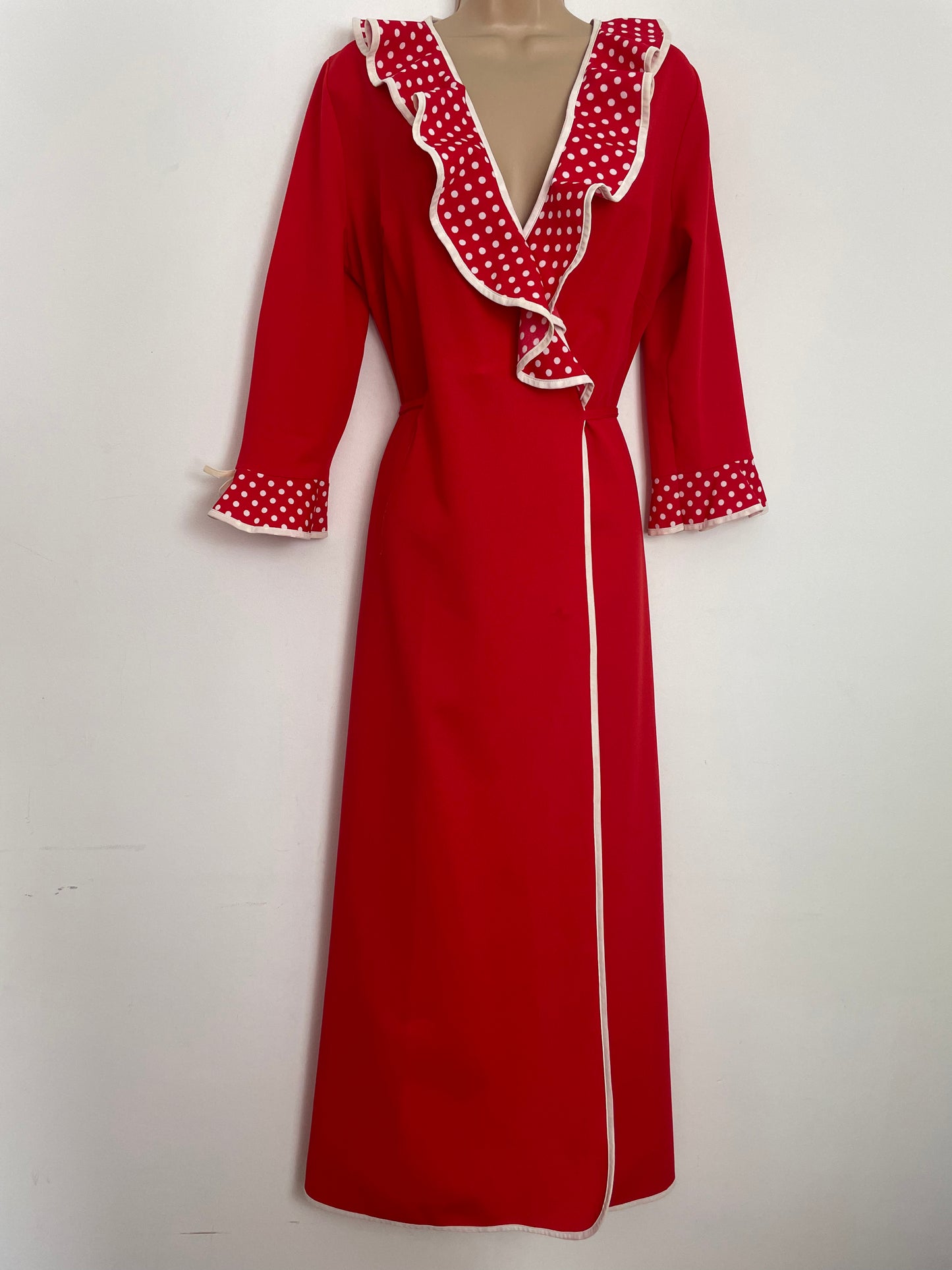 Vintage 1970s UK Size 12-14 Red Polka Dot Ruffle Trim Long Sleeve Full Wrap Maxi Dress House Coat Hostess Gown