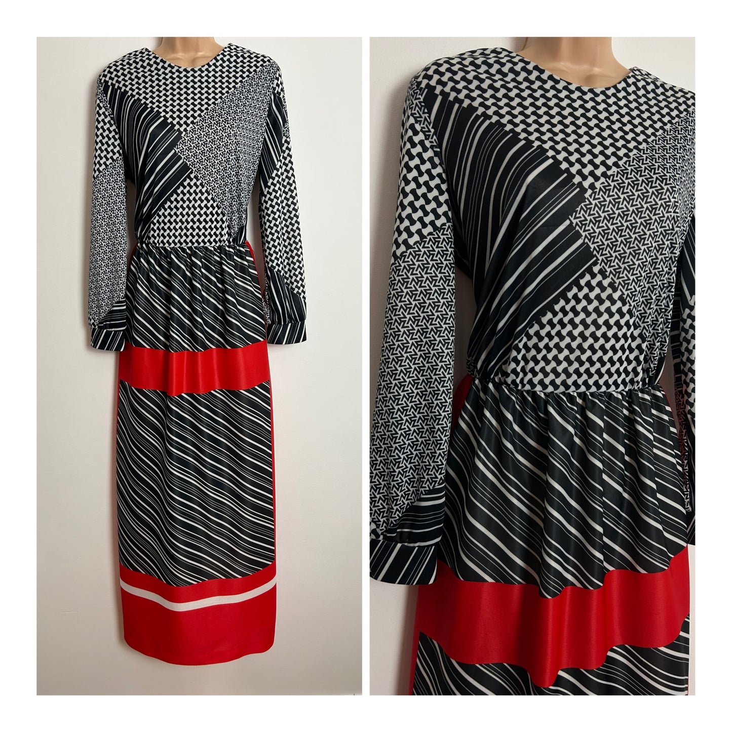 Vintage 1970s UK Size 14 Black White & Red Abstract Geo Op Art Print Long Sleeve Maxi Dress