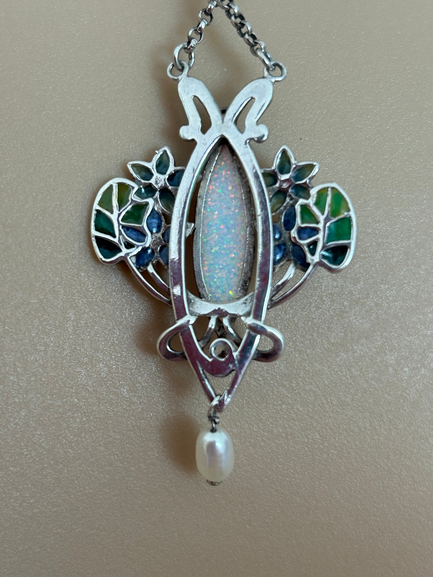 Vintage STERLING SILVER Hallmarked 925 Art Nouveau Style Opal Set Enamelled Flower Real Pearl Bead Necklace