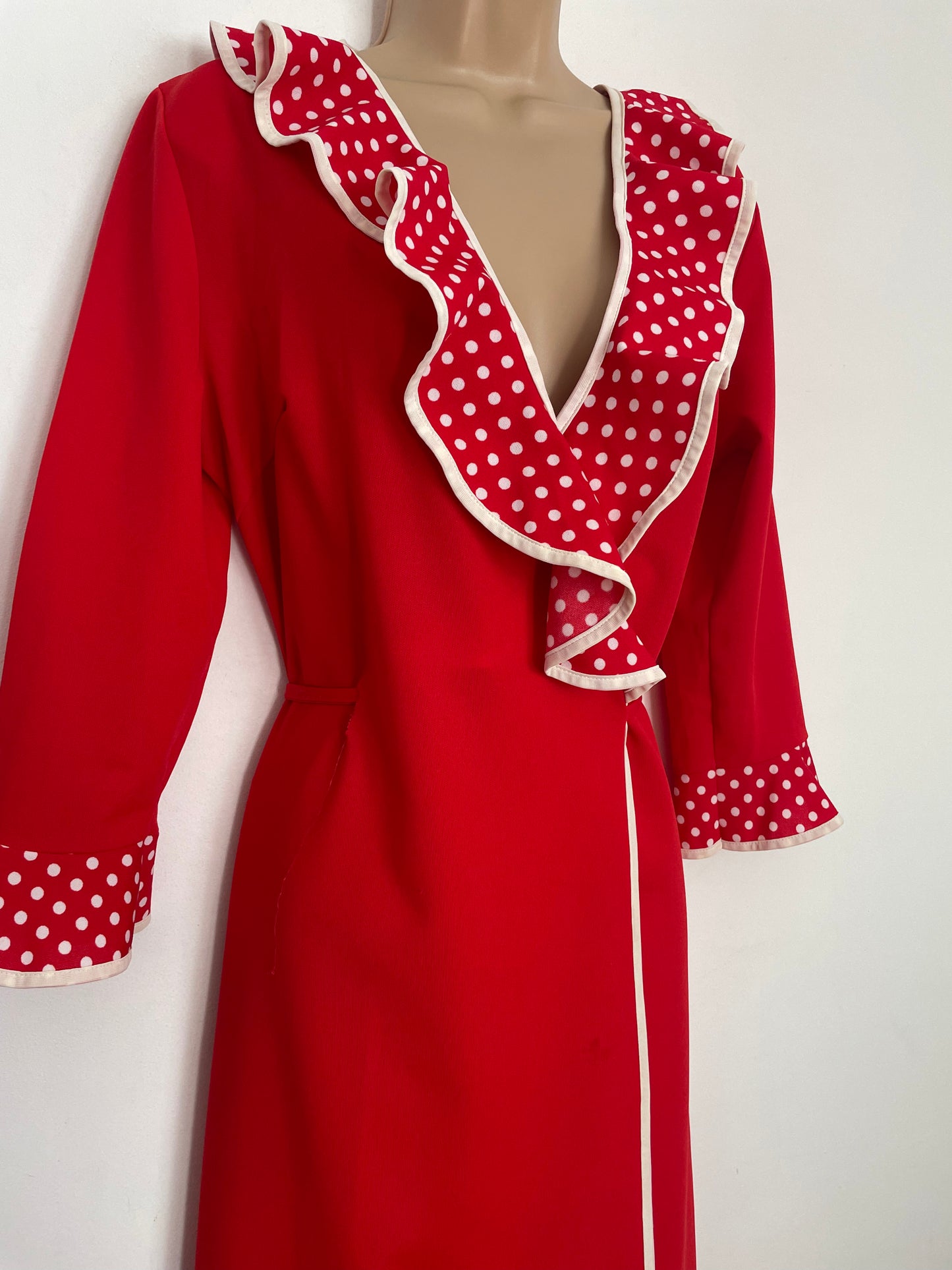 Vintage 1970s UK Size 12-14 Red Polka Dot Ruffle Trim Long Sleeve Full Wrap Maxi Dress House Coat Hostess Gown