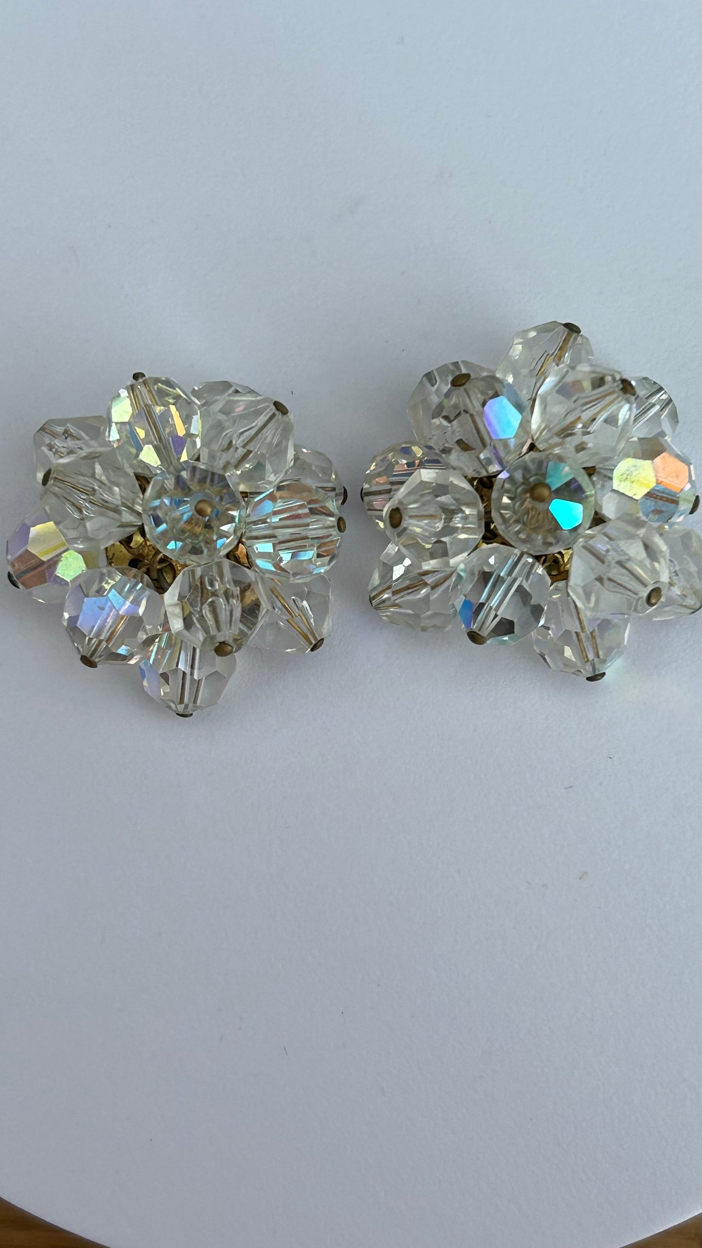 Vintage 1960s Clear Glass Iridescent Multi Faceted Cluster Clip On Earrings