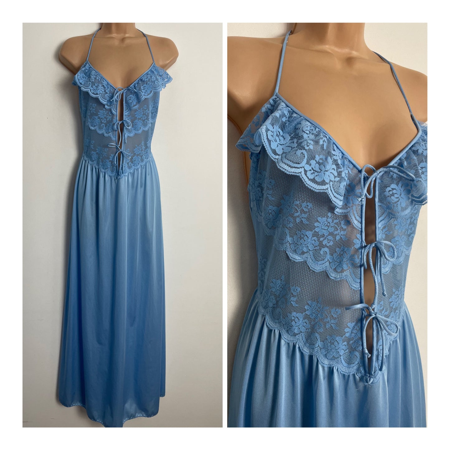 Vintage 1970s UK Size 12-14 Pretty Dusky Blue Lace Halter Strap Three Tie Fonted Negligee Nightgown