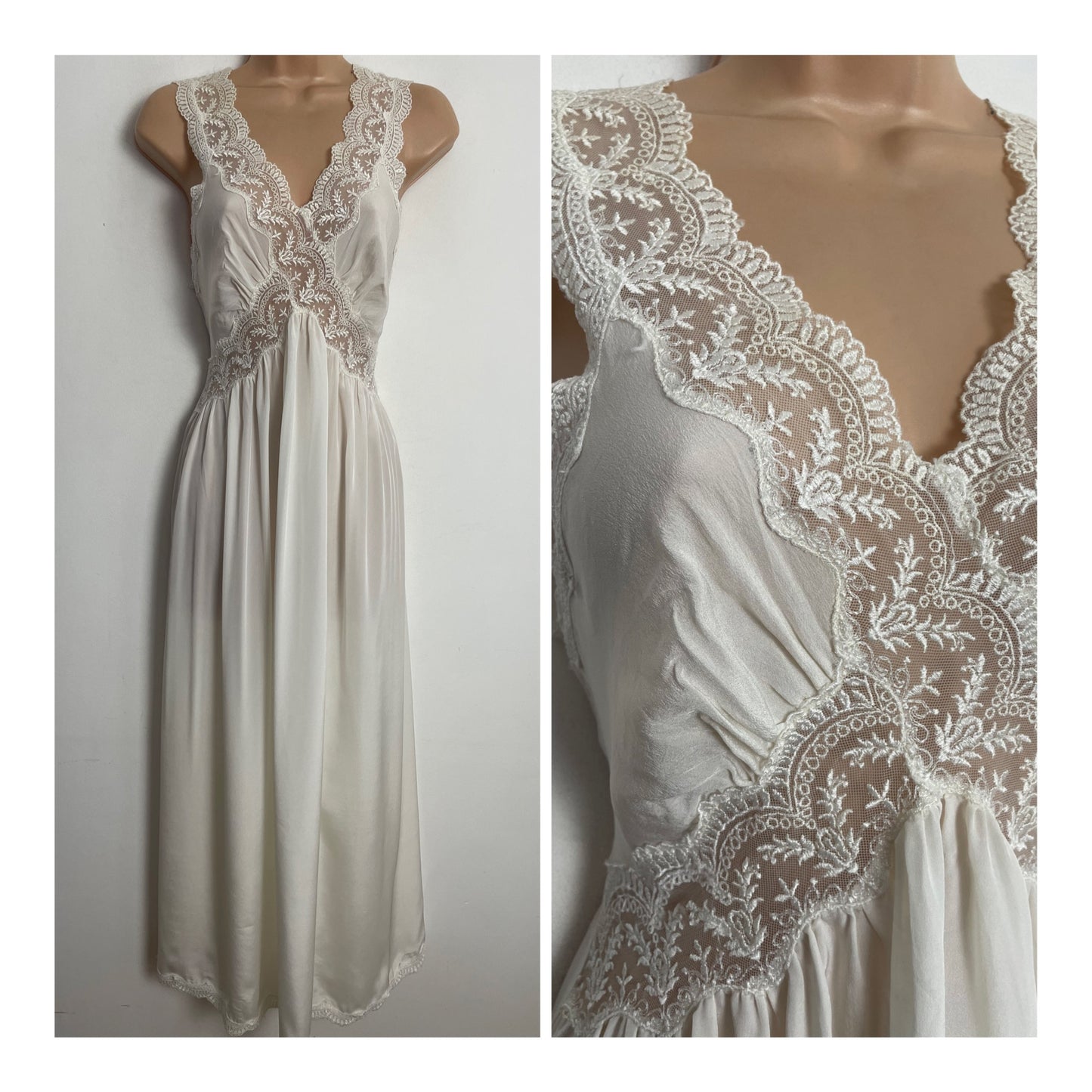 Vintage 1940s UK Size 10-12 Beautiful White Chantilly Lace Detail Nightie Night Dress Nightgown