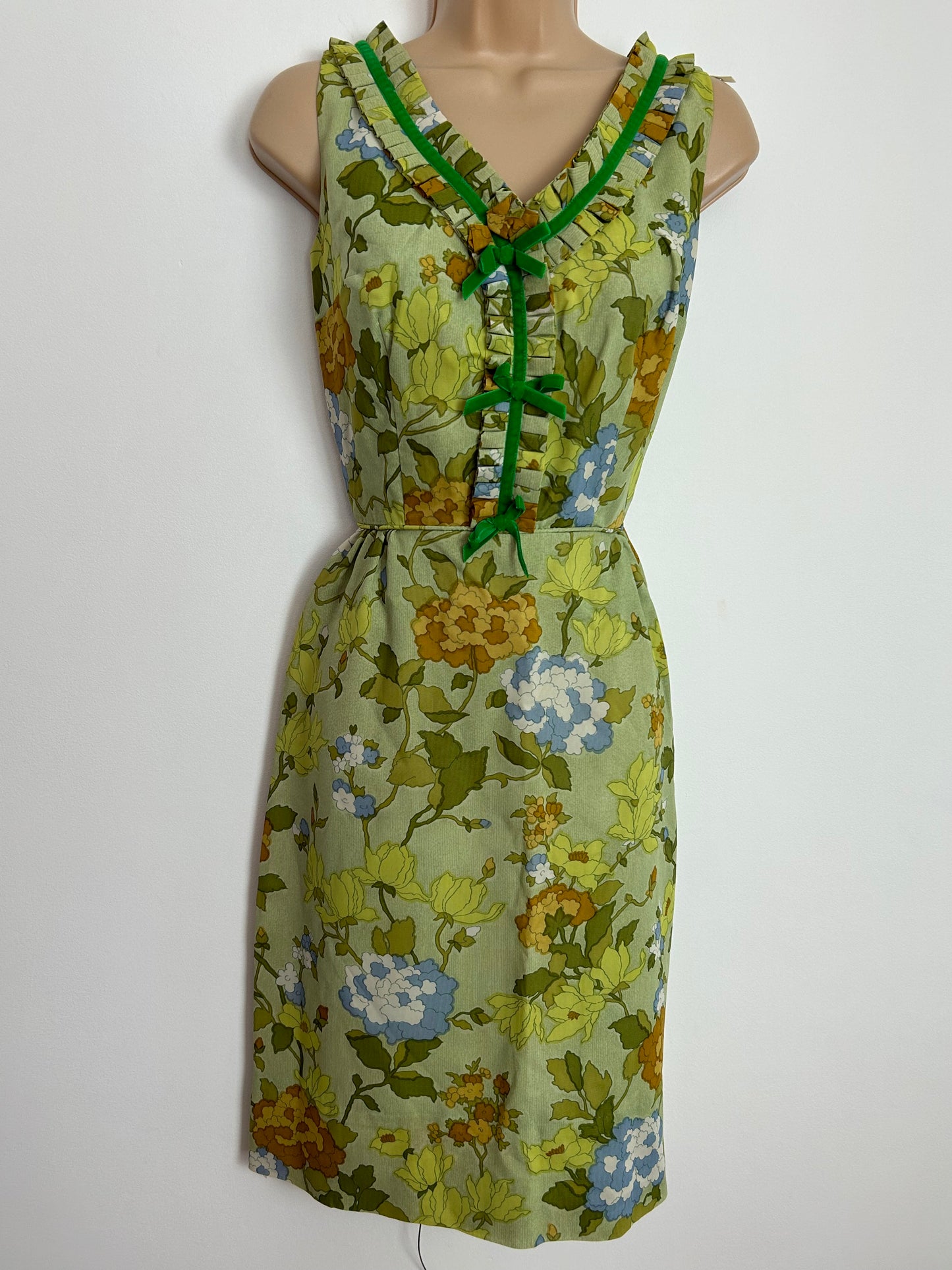 Vintage Early 1960s BLANES LONDON UK Size 8 Pretty Green Tones Floral Print Ruffle & Velvet Trim Summer Occasion Dress