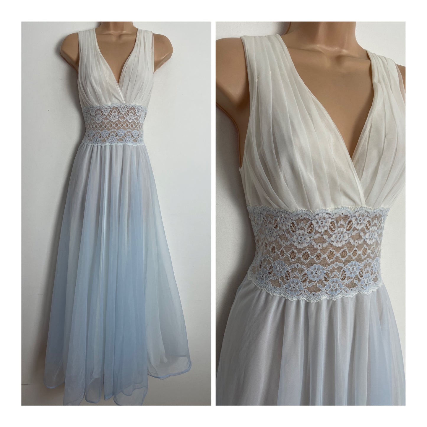 Vintage Late 60s Early 70s UK Size 8 ST MICHAEL White & Powder Blue Ombre Pleated Bodice Nylon Negligee Nightdress