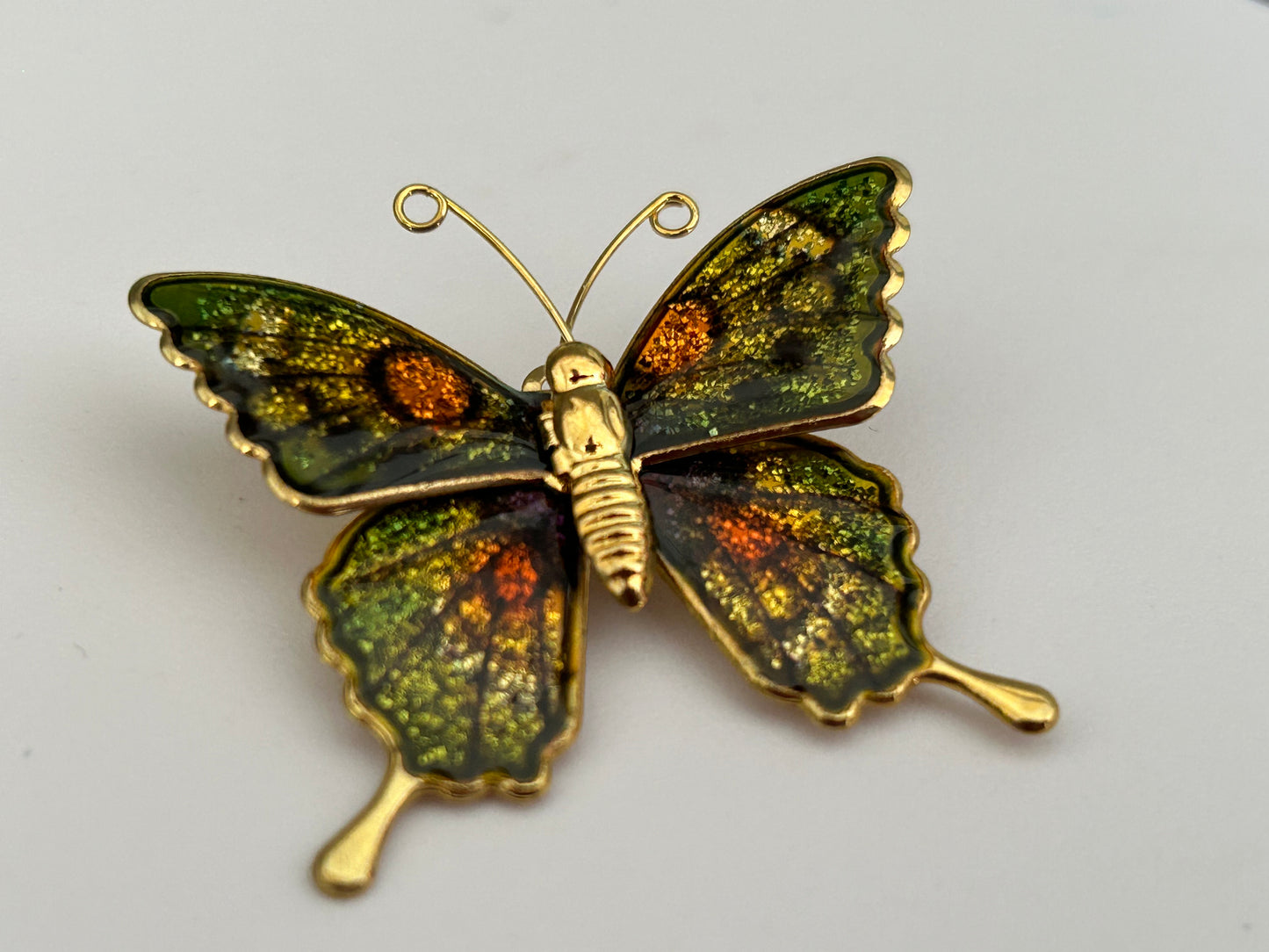 Vintage 1970s Beautiful Gold Tone Green & Orange Enamelled Butterfly Pin Brooch