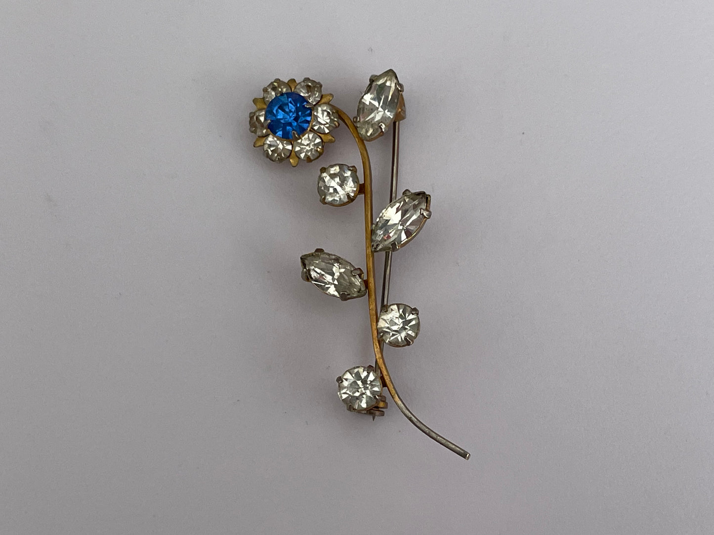 Vintage Early 1960s Gold Tone Base Metal Diamante Set Single Stem Flower Brooch