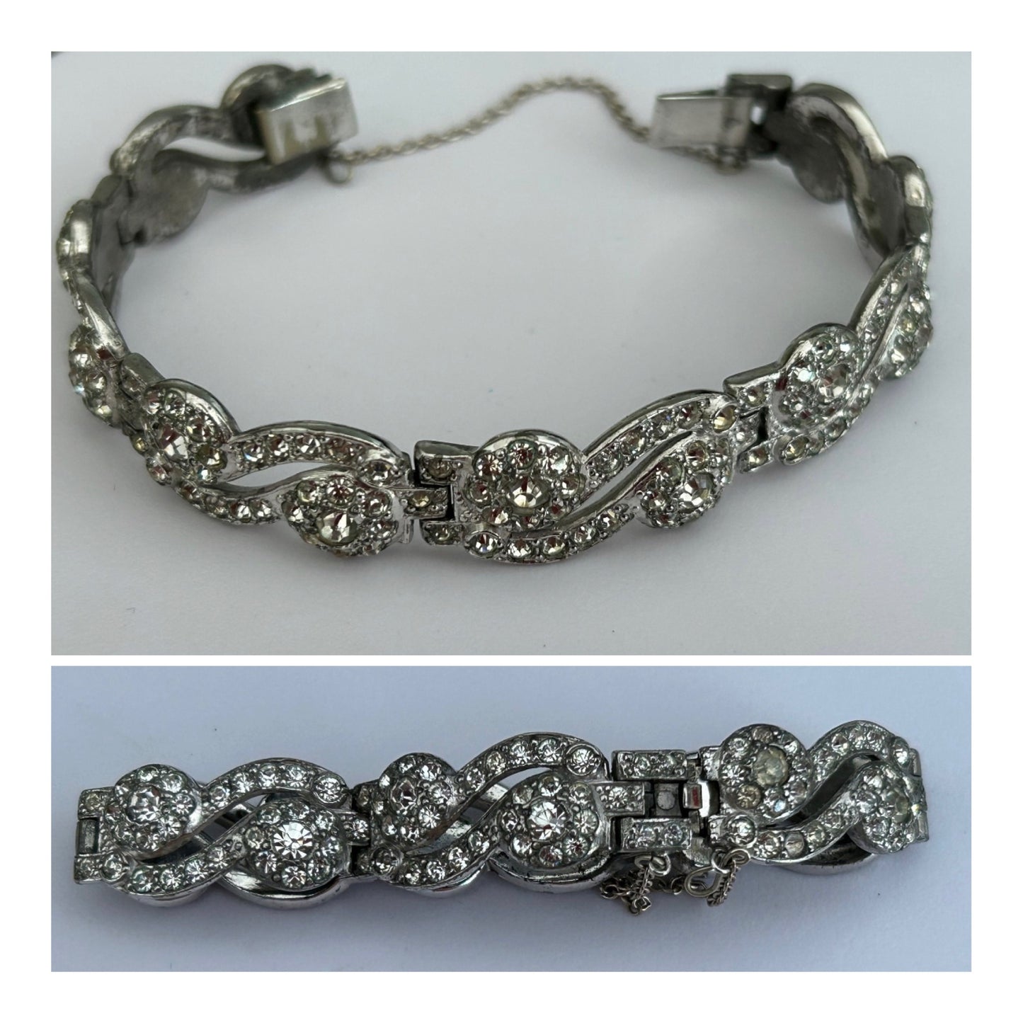 Vintage Circa 1920s Pretty Art Deco Antique Silver Tone Diamante Stone Set Paste Bracelet