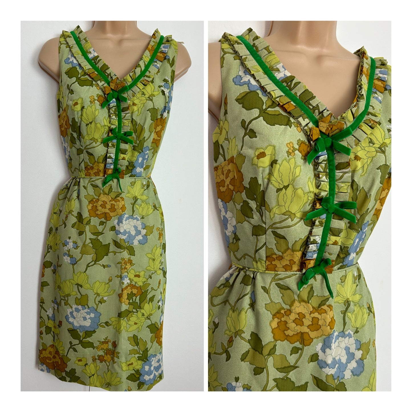 Vintage Early 1960s BLANES LONDON UK Size 8 Pretty Green Tones Floral Print Ruffle & Velvet Trim Summer Occasion Dress