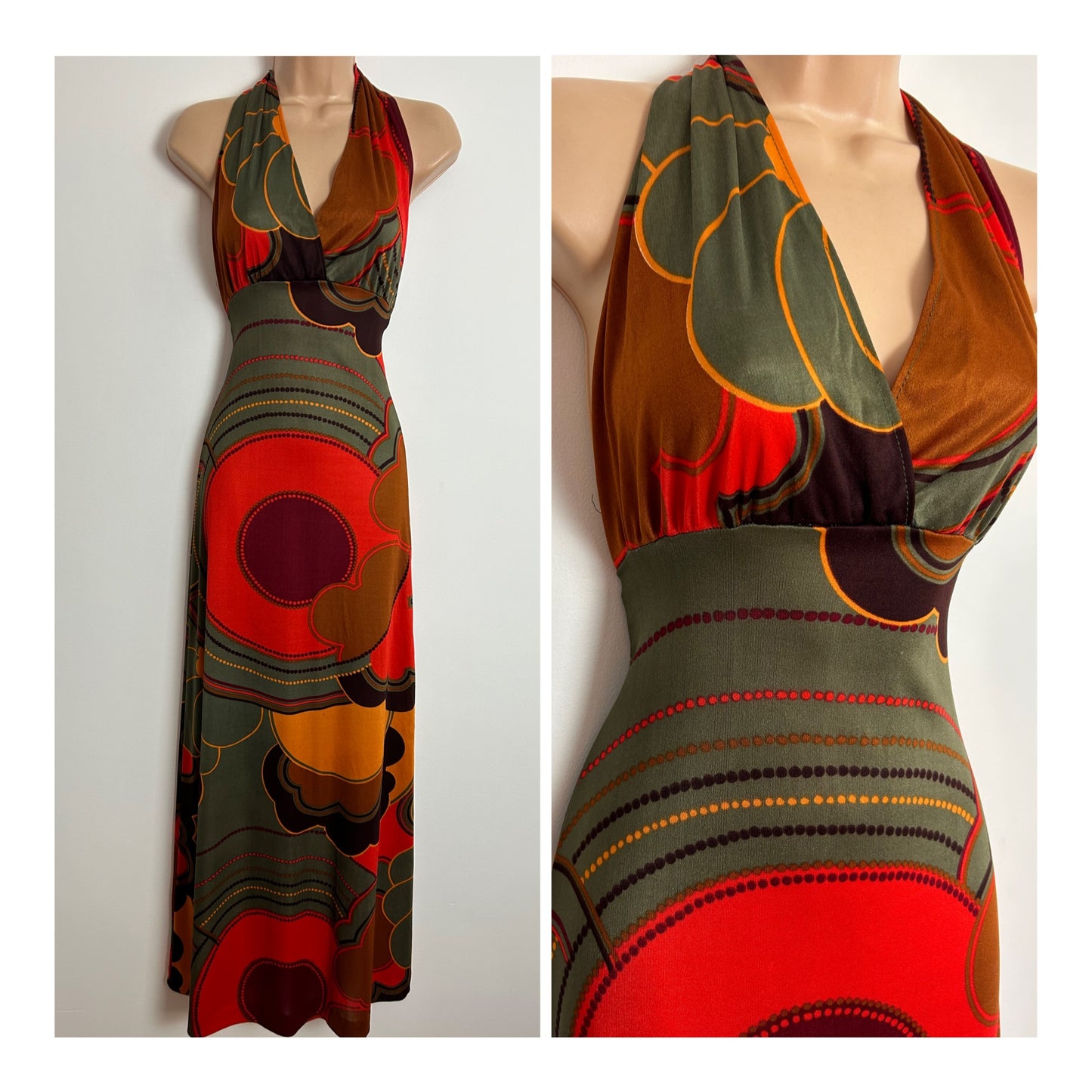 Vintage 1970s UK Size 8-10 Khaki Green Orange & Brown Bold Abstract Floral Print Halterneck Boho Summer Maxi Dress