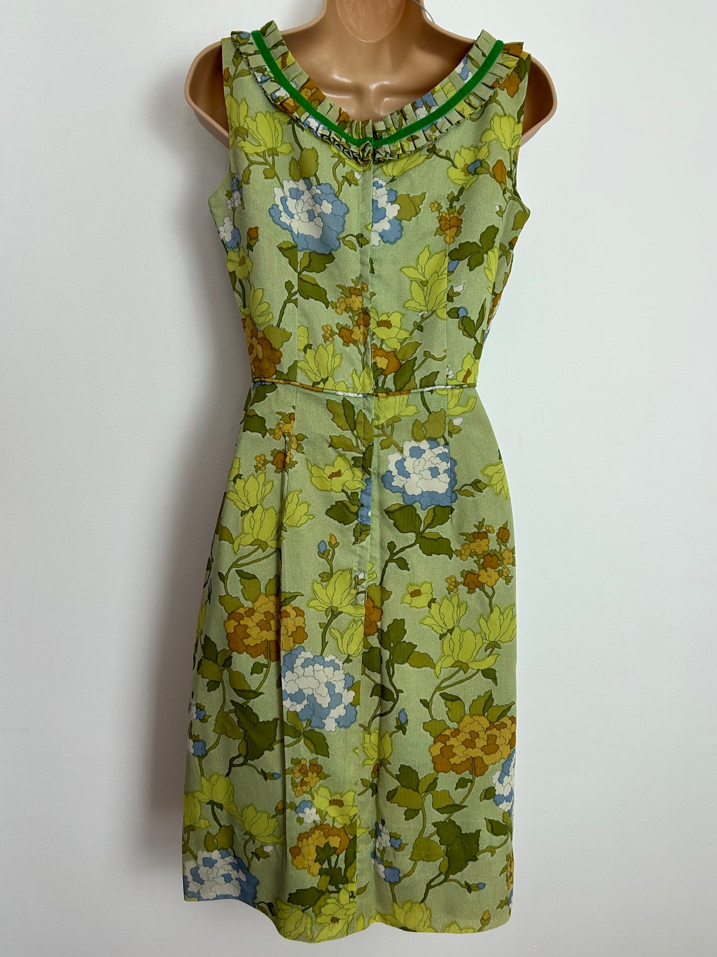 Vintage Early 1960s BLANES LONDON UK Size 8 Pretty Green Tones Floral Print Ruffle & Velvet Trim Summer Occasion Dress