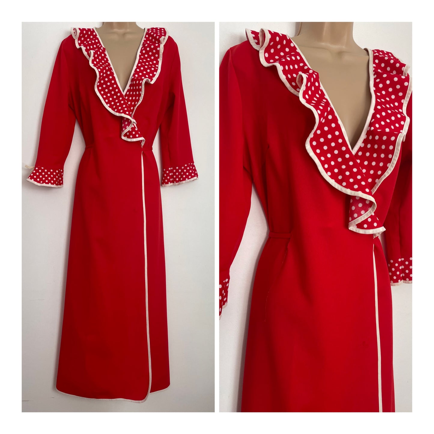 Vintage 1970s UK Size 12-14 Red Polka Dot Ruffle Trim Long Sleeve Full Wrap Maxi Dress House Coat Hostess Gown