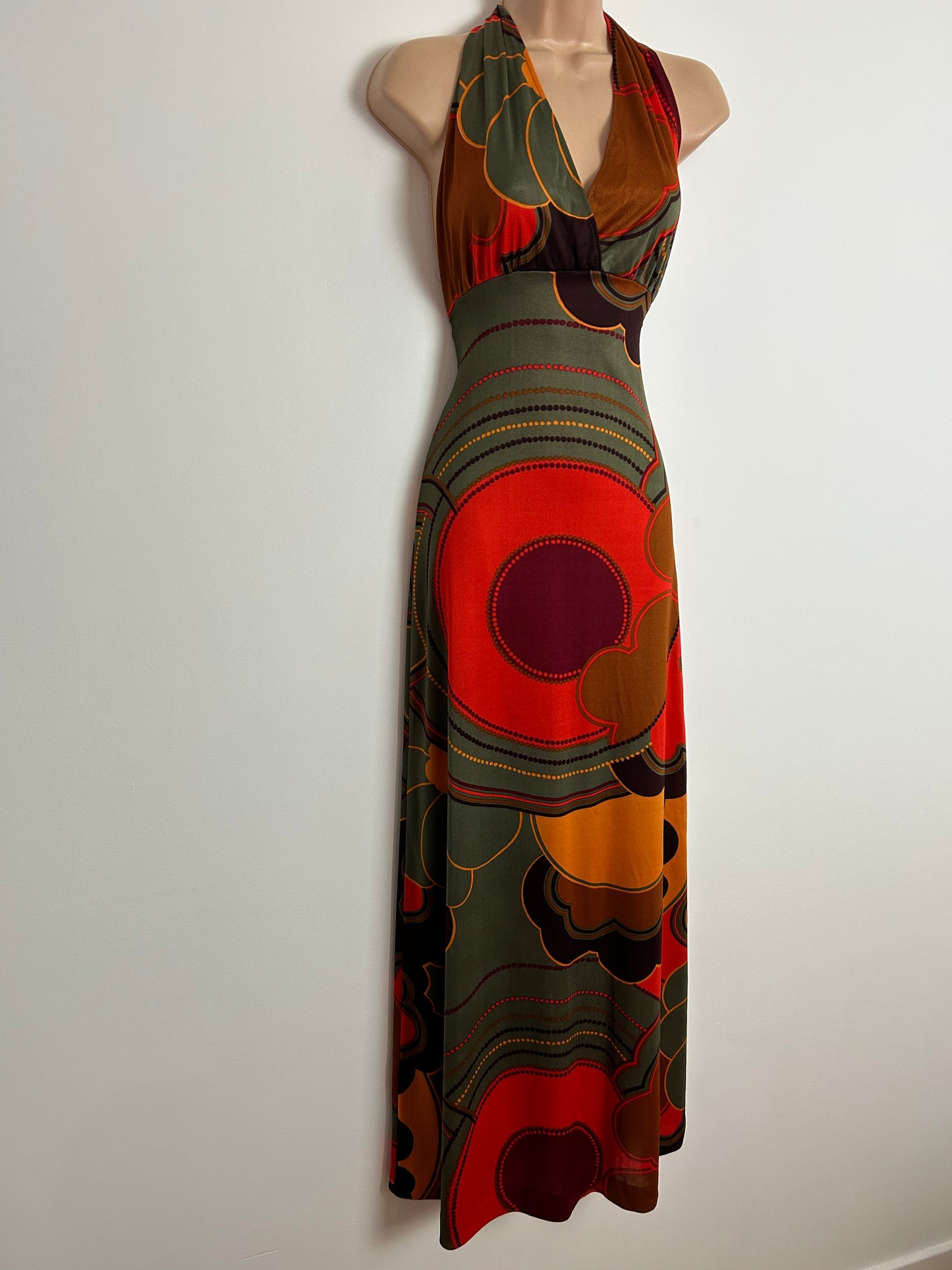 Vintage 1970s UK Size 8-10 Khaki Green Orange & Brown Bold Abstract Floral Print Halterneck Boho Summer Maxi Dress