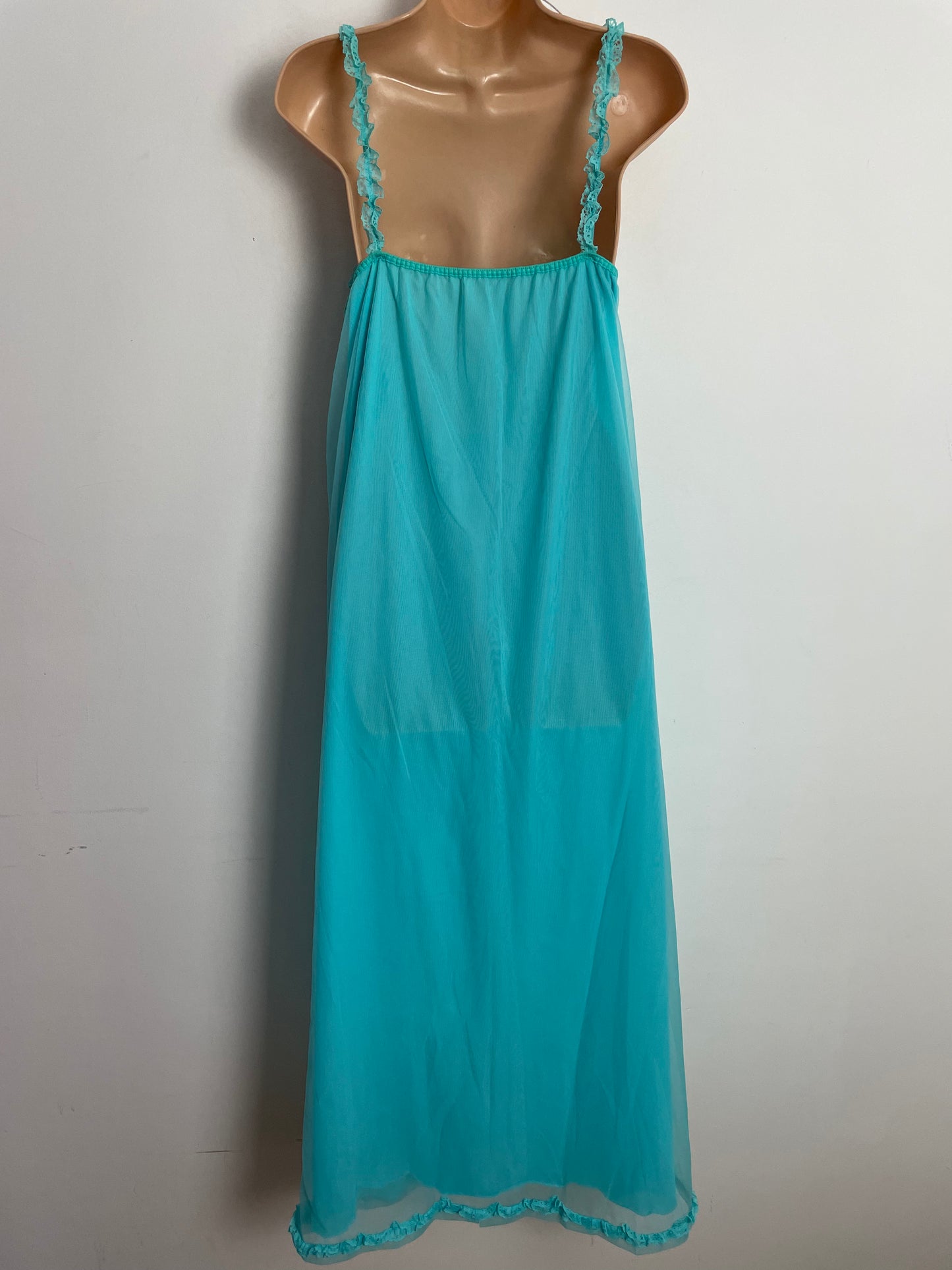 Vintage 1960s Approx UK Size 10-12 Turquoise Nylon Full Length Nightdress/Nightie