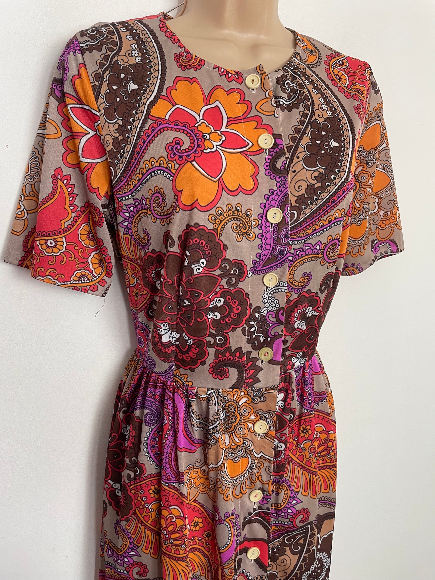 Vintage 1970s UK Size 12 Beige Brown Orange & Purple Floral Paisley Print Short Sleeve Boho Maxi Dress