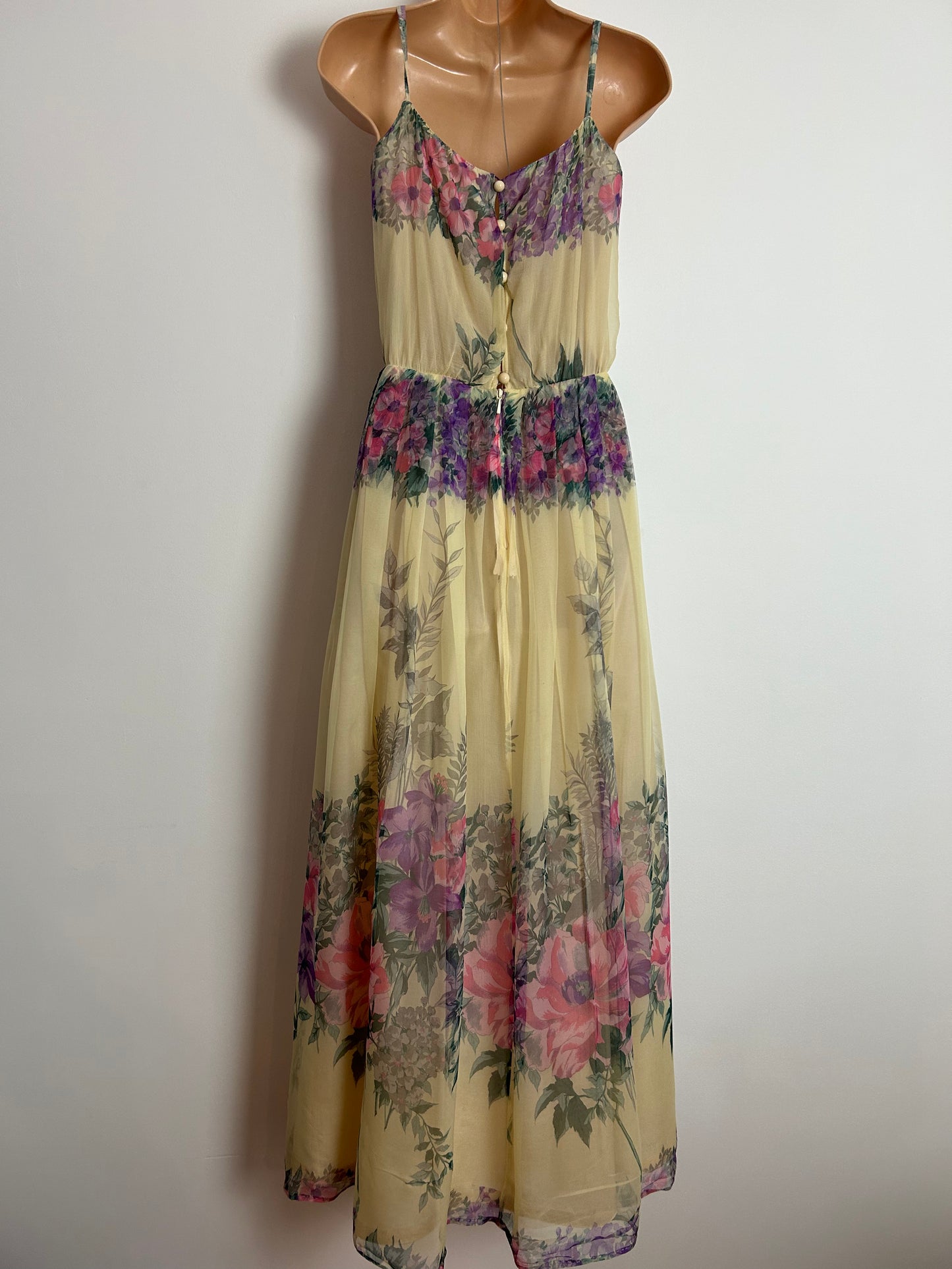 Vintage Late 1970s UK Size 6-8 Cream Purple  Pink Floral Print Strappy Button Back Pleated Summer Boho Maxi Dress