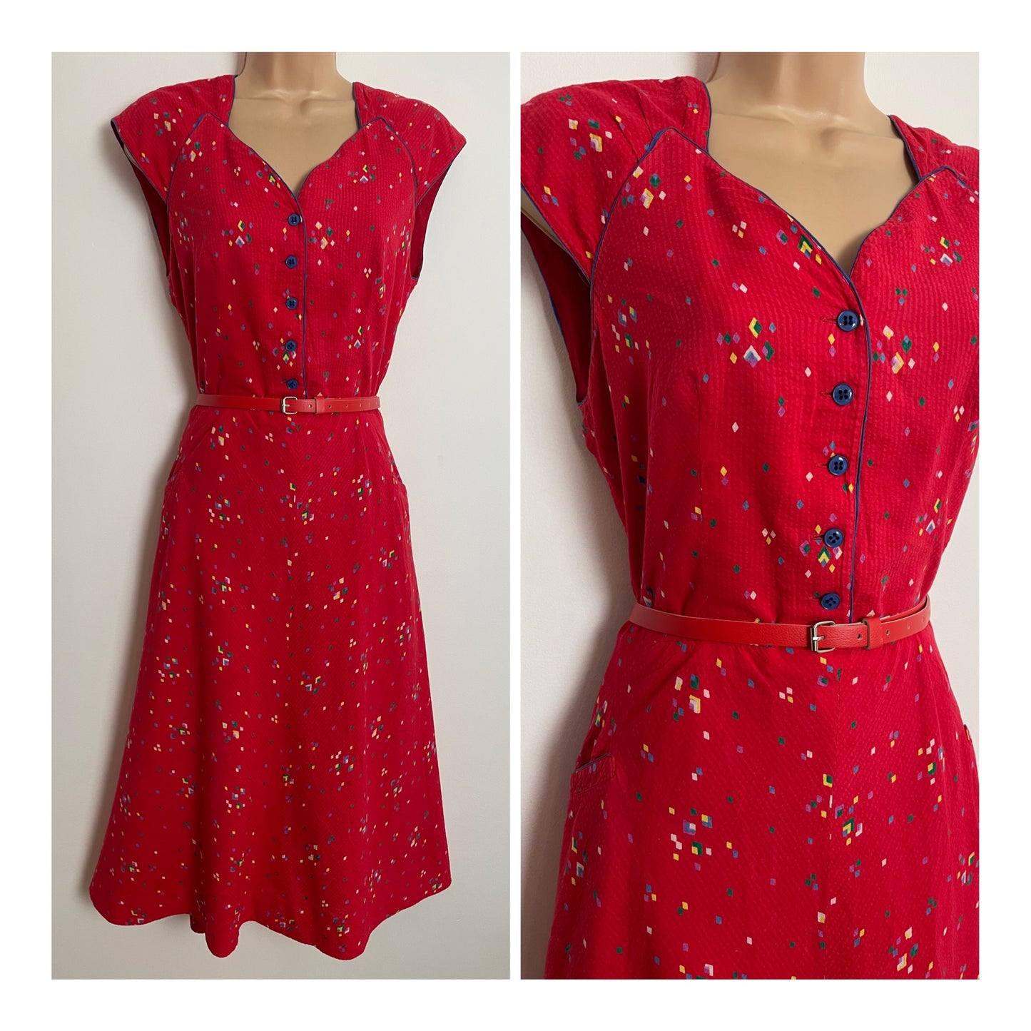 Vintage Early 1980s BETTY BARCLAY UK Size 12 Red Diamond Print Cotton Belted Cap Sleeve Day Dress