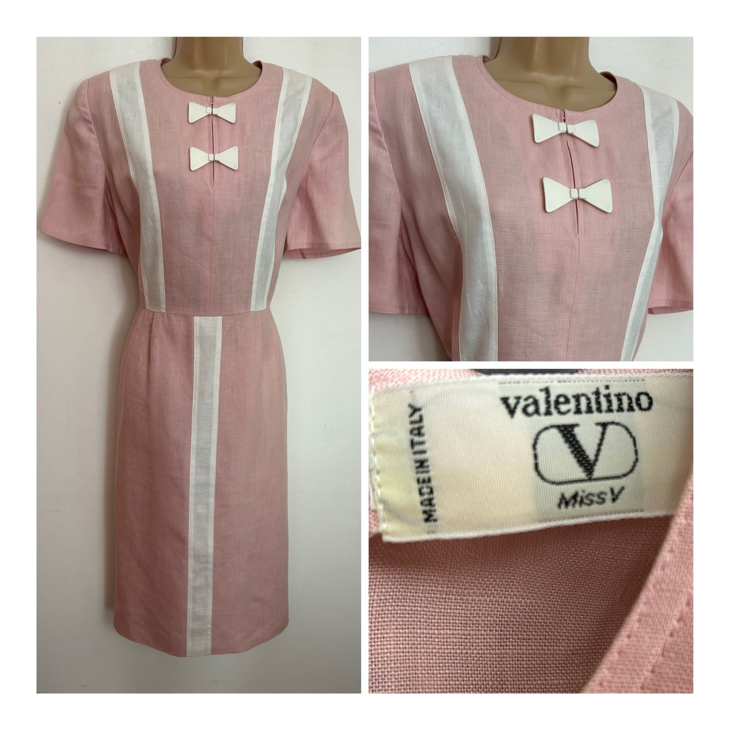Vintage 1980s Miss V VALENTINO Gorgeous Approx UK Size 12 Pink & White 100% Linen Plastic Bow Detail Fitted Wiggle 1950s Style Dress