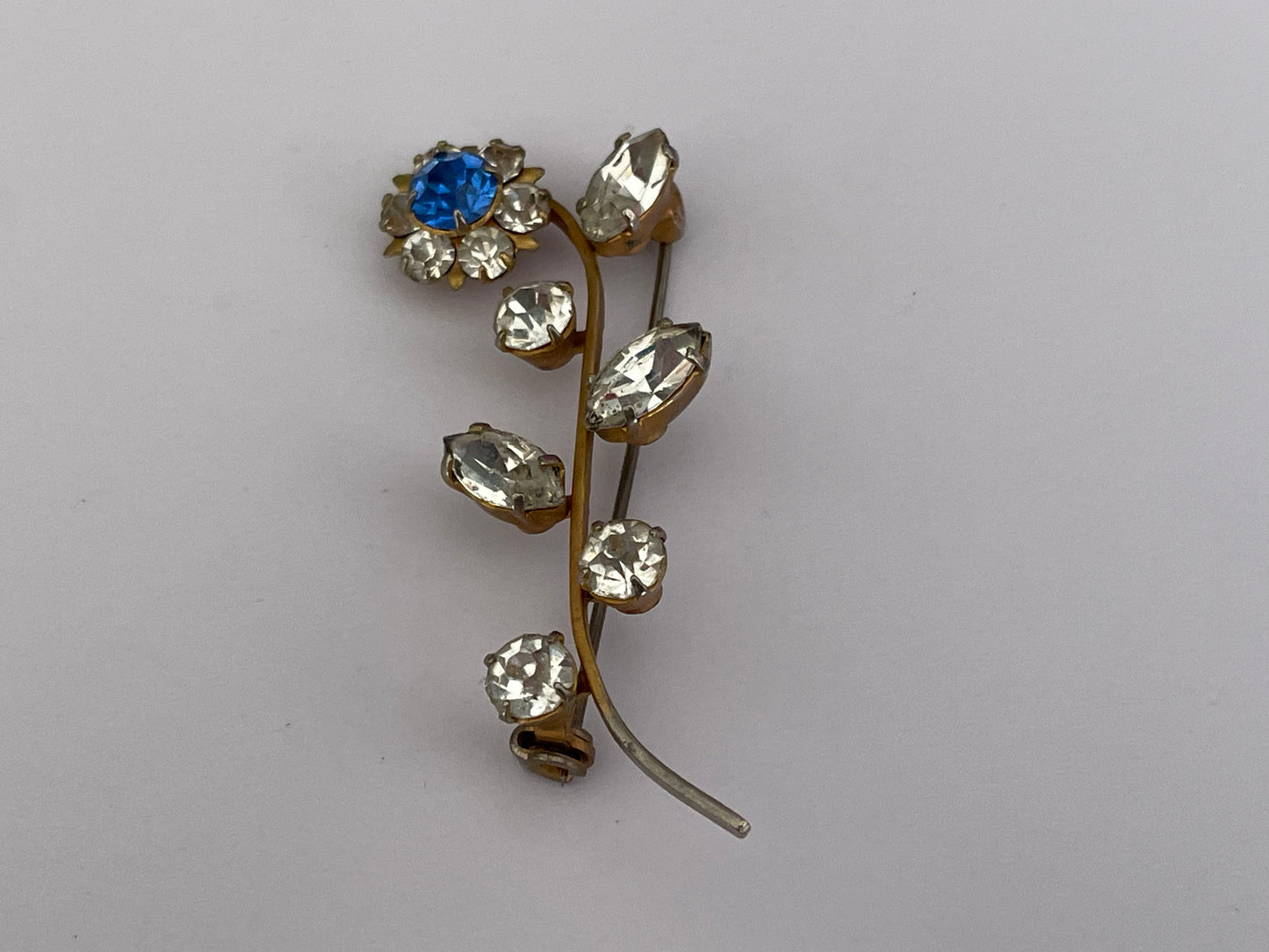 Vintage Early 1960s Gold Tone Base Metal Diamante Set Single Stem Flower Brooch