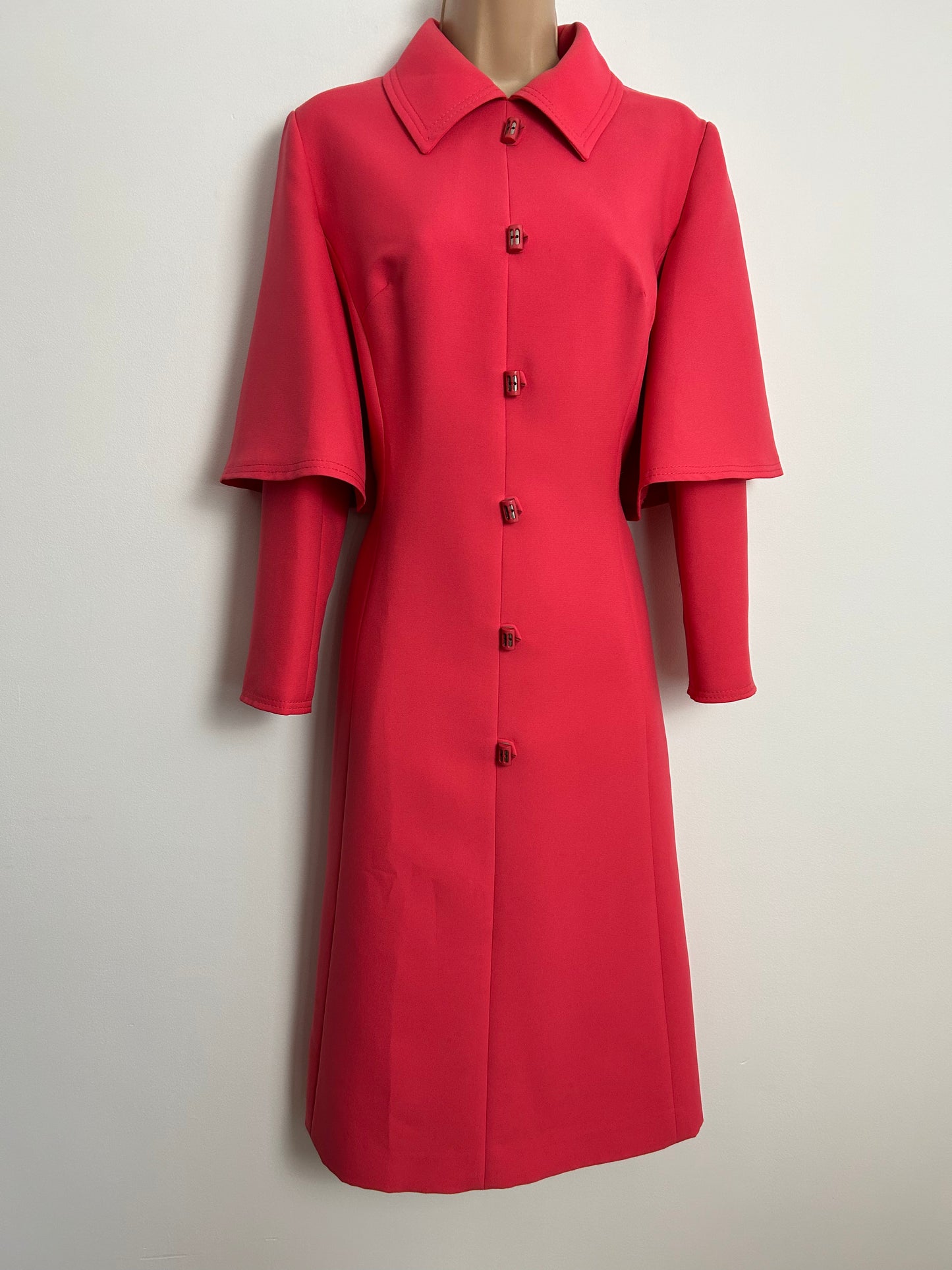 Vintage 1960s UK Size 12 PEGGY FRENCH COUTURE Coral Pink Layered Sleeve Shift Dress