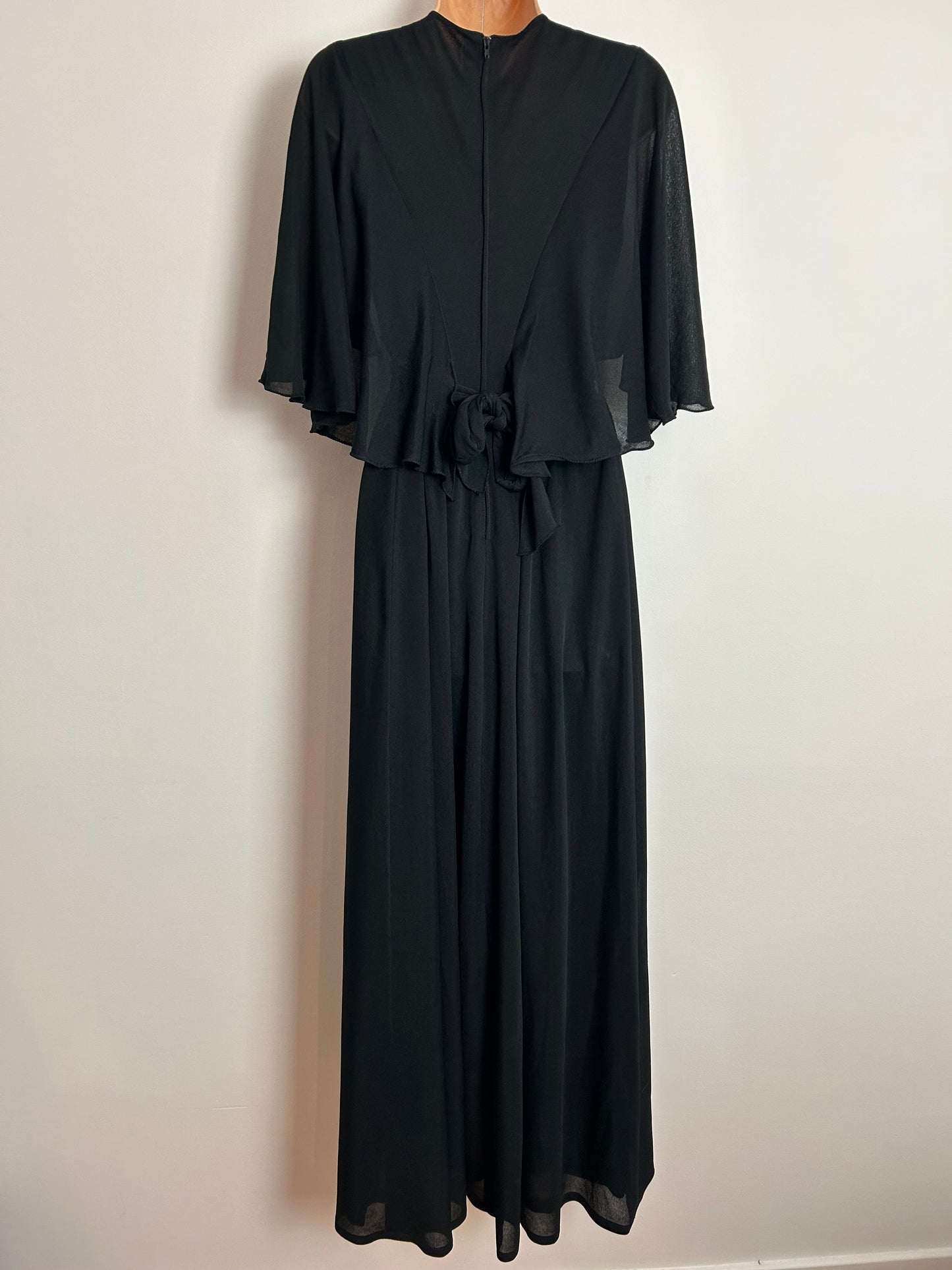 Vintage 1970s UK Size 12 Black Cape Sleeve Cut Out Applique Detail Tie Back Boho Maxi Dress