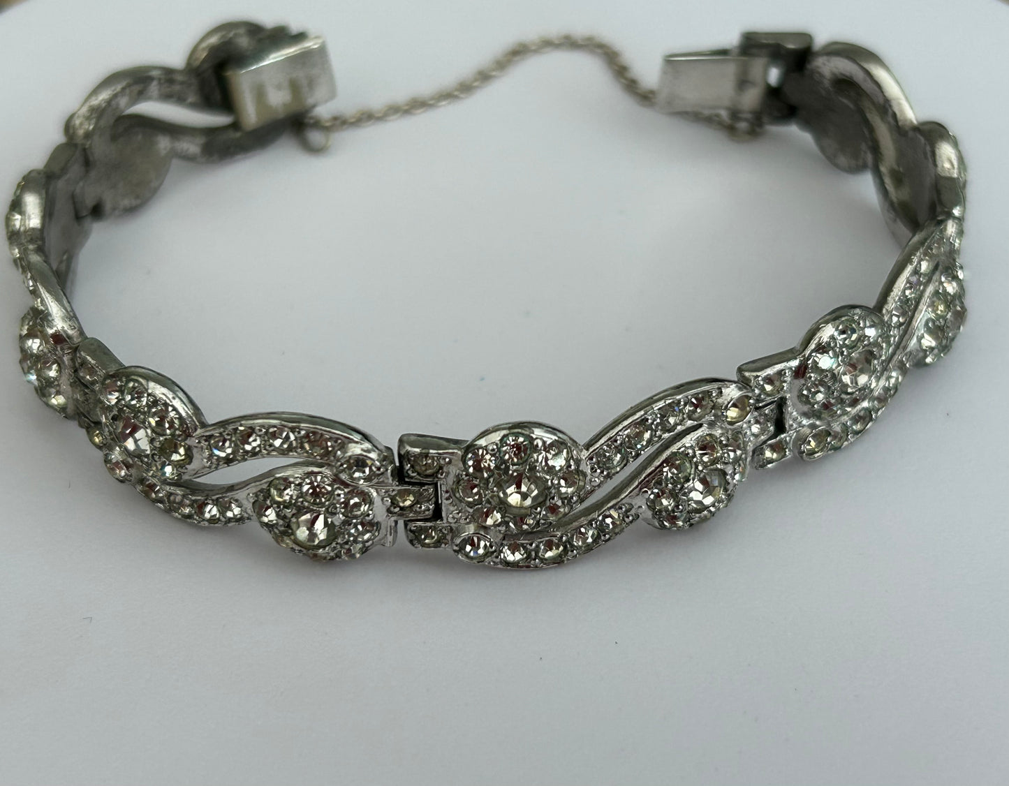 Vintage Circa 1920s Pretty Art Deco Antique Silver Tone Diamante Stone Set Paste Bracelet