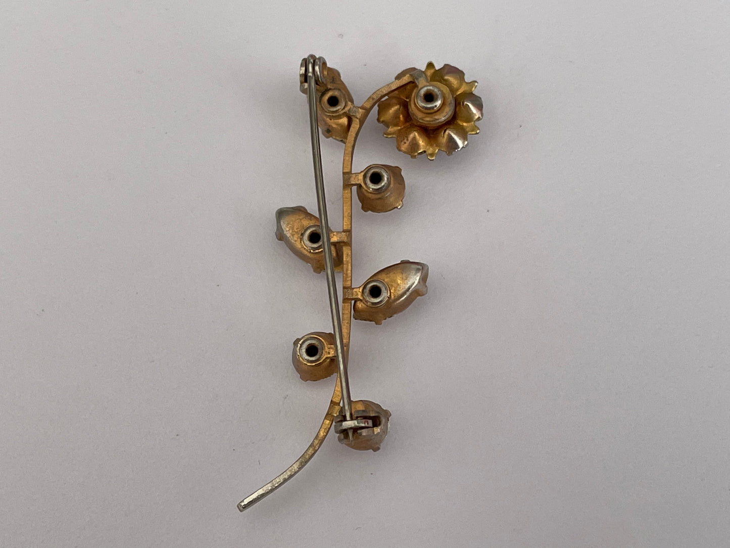 Vintage Early 1960s Gold Tone Base Metal Diamante Set Single Stem Flower Brooch