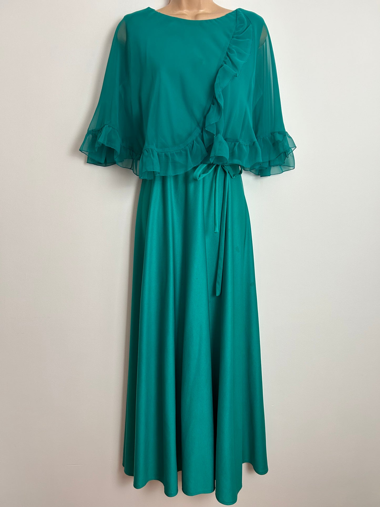 Vintage 1970s UK Size 10 Jade Green Chiffon Cape Overlay Belted Boho Occasion Maxi Dress By C&A