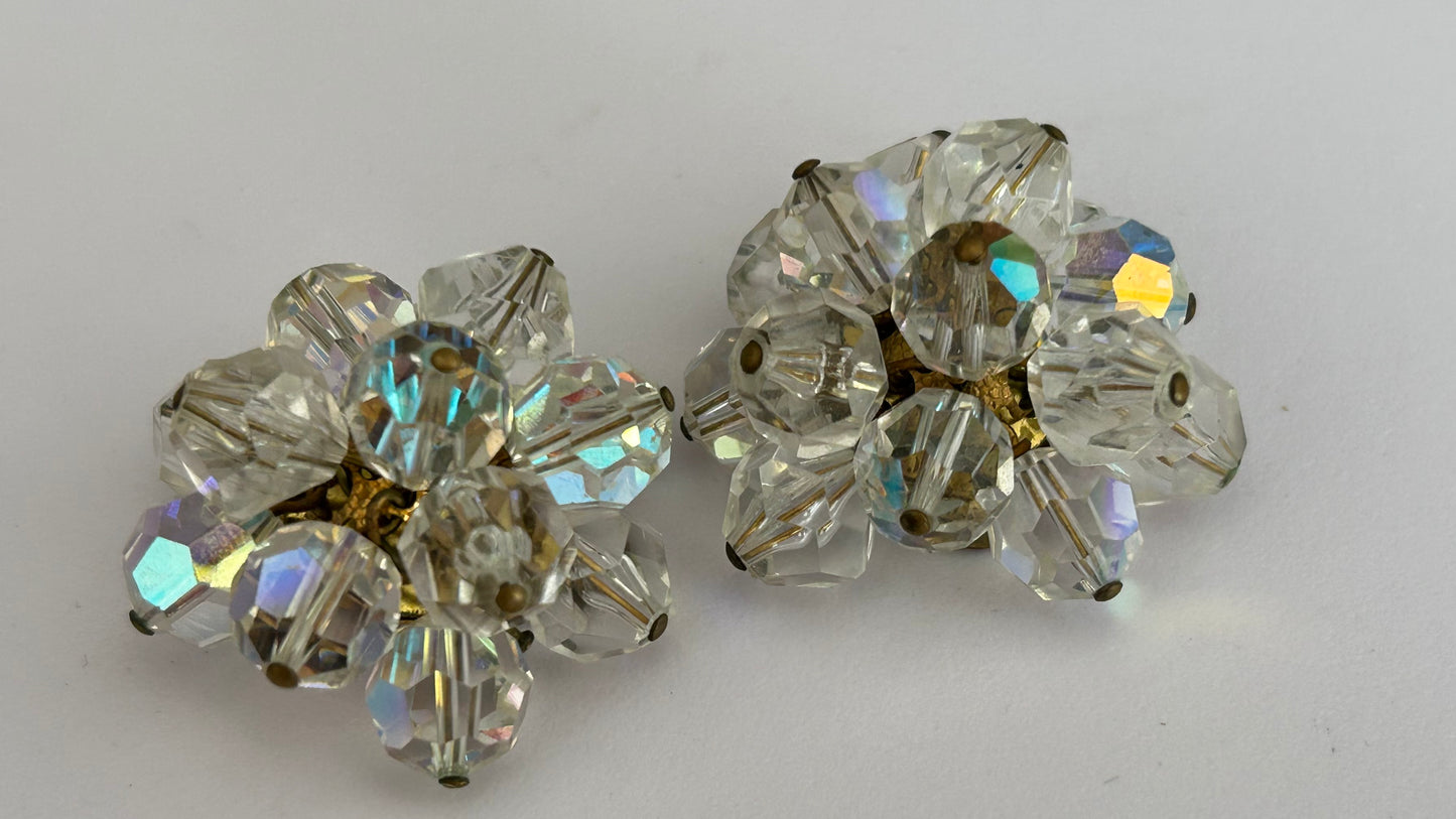 Vintage 1960s Clear Glass Iridescent Multi Faceted Cluster Clip On Earrings