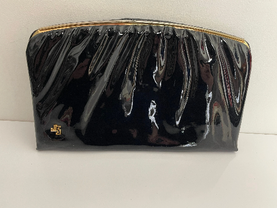 Vintage Late 1960s Japelle By Jane Shilton Black Patent Ruched Detail Evening Clutch Bag