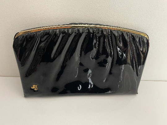 Vintage Late 1960s Japelle By Jane Shilton Black Patent Ruched Detail Evening Clutch Bag