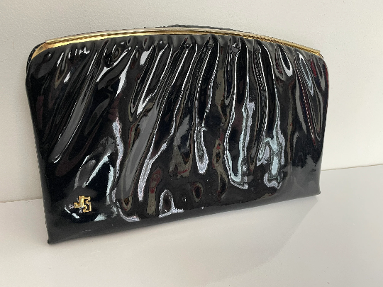 Vintage Late 1960s Japelle By Jane Shilton Black Patent Ruched Detail Evening Clutch Bag