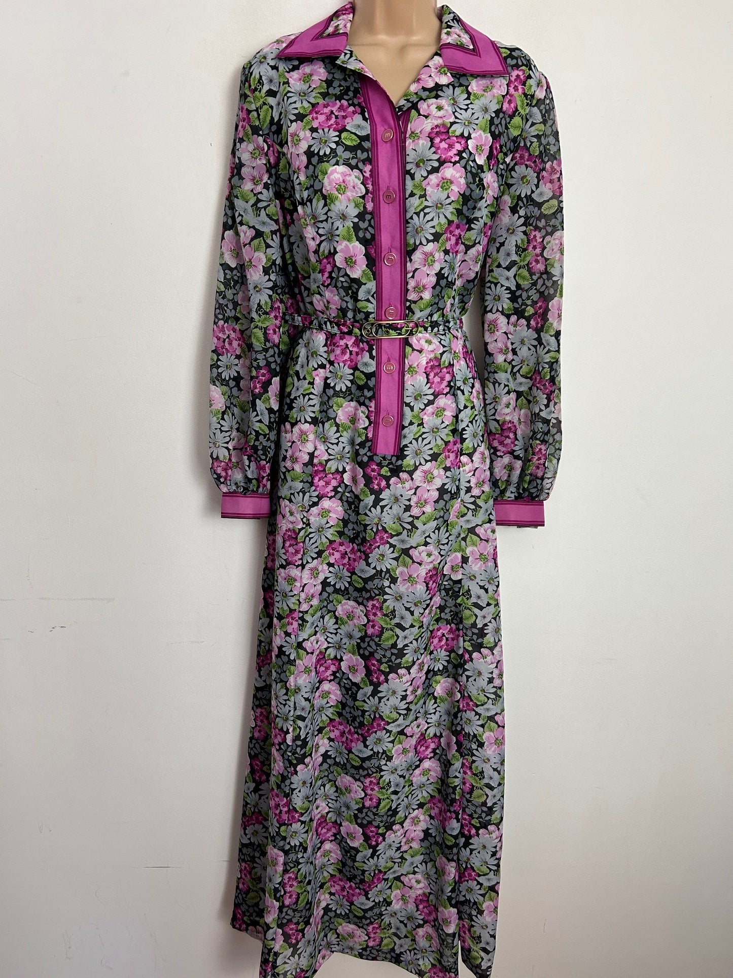 Vintage 1970s GREGOR MAI UK Size 14 Black Pink & Grey Floral Print Long Sleeve Belted Boho Maxi Dress