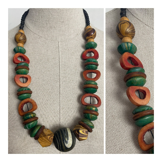 Charity Listing For Shout Aloud - Gorgeous Handmade Bohemian Hippy Artisan Balinese Chunky Green Orange Wood & Resin Bead Statement Necklace