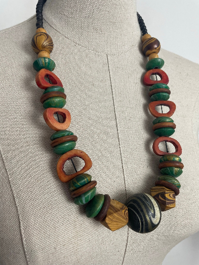 Charity Listing For Shout Aloud - Gorgeous Handmade Bohemian Hippy Artisan Balinese Chunky Green Orange Wood & Resin Bead Statement Necklace