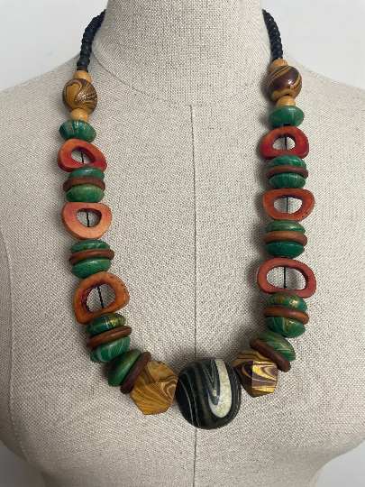 Charity Listing For Shout Aloud - Gorgeous Handmade Bohemian Hippy Artisan Balinese Chunky Green Orange Wood & Resin Bead Statement Necklace