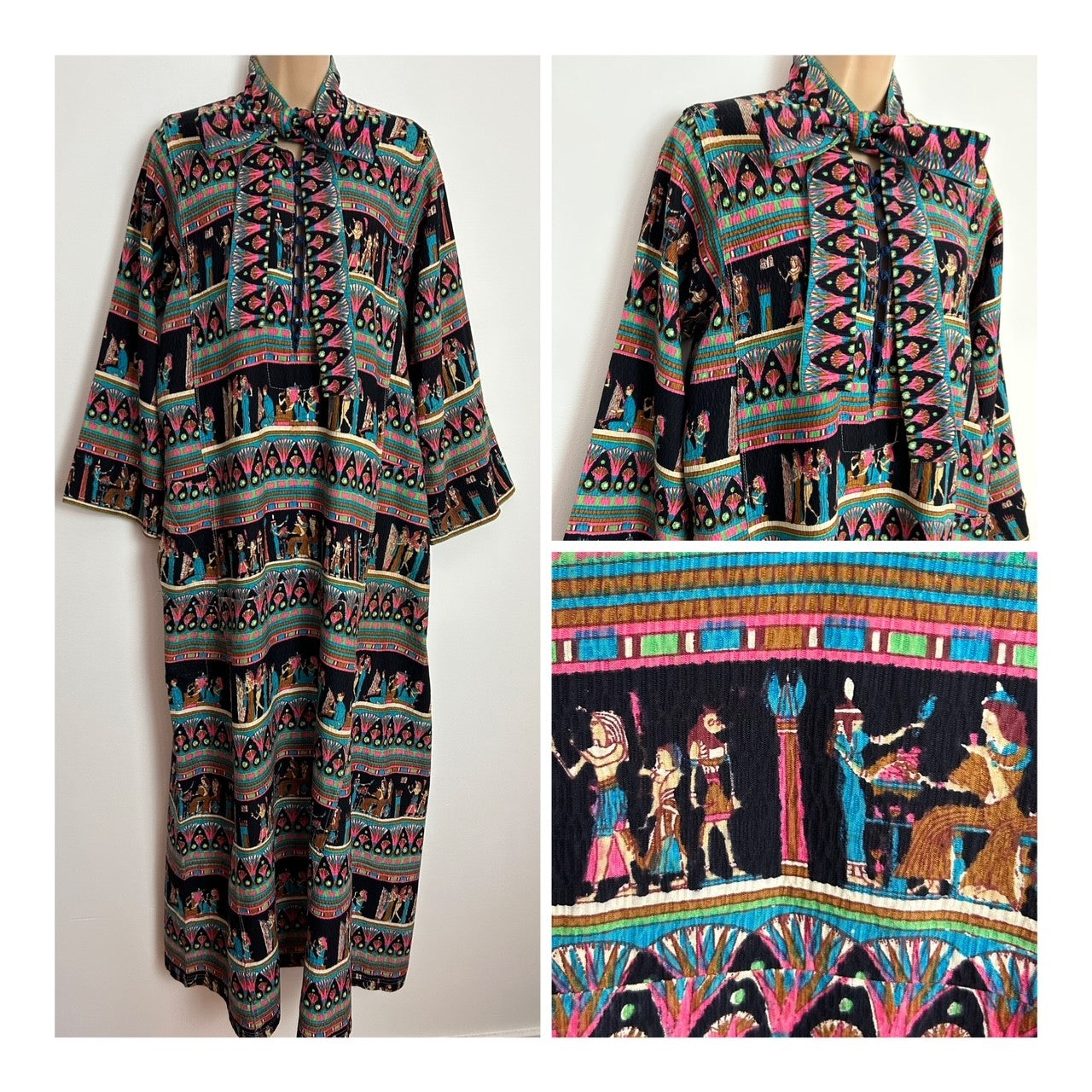 Vintage 1970s One Size Up To Size 18 Black Pink Blue Egyptian Theme Novelty Print Pussy Bow Kaftan Maxi Dress