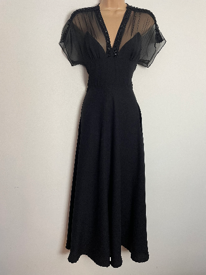 Vintage 1970s UK Size 4-6 Garbo Melbourne Beautiful Black Satin Back Crepe Sequin & Braid Evening Occasion Maxi Dress