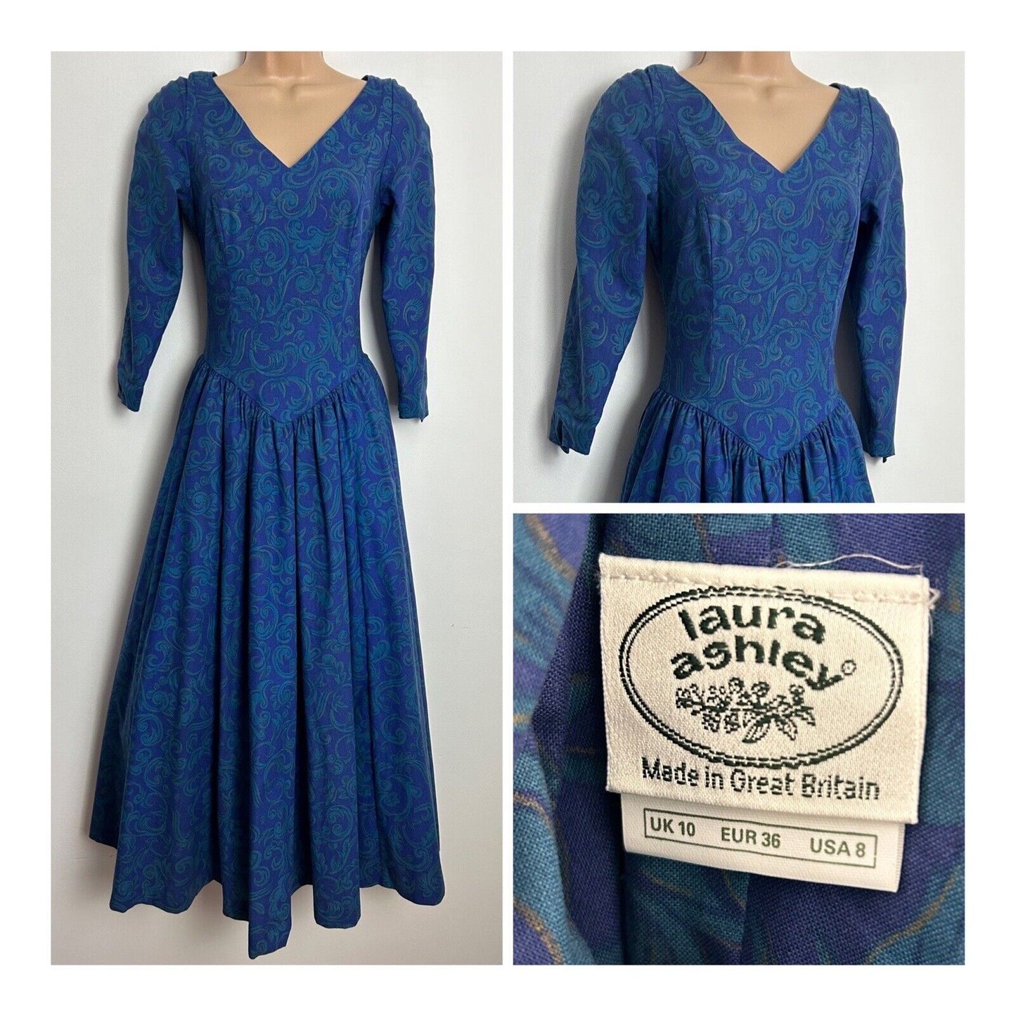 Vintage 1980s LAURA ASHLEY Size 6 Blue & Teal Nouvea Leaf Print Long Sleeve Pleated Ballgown Dress