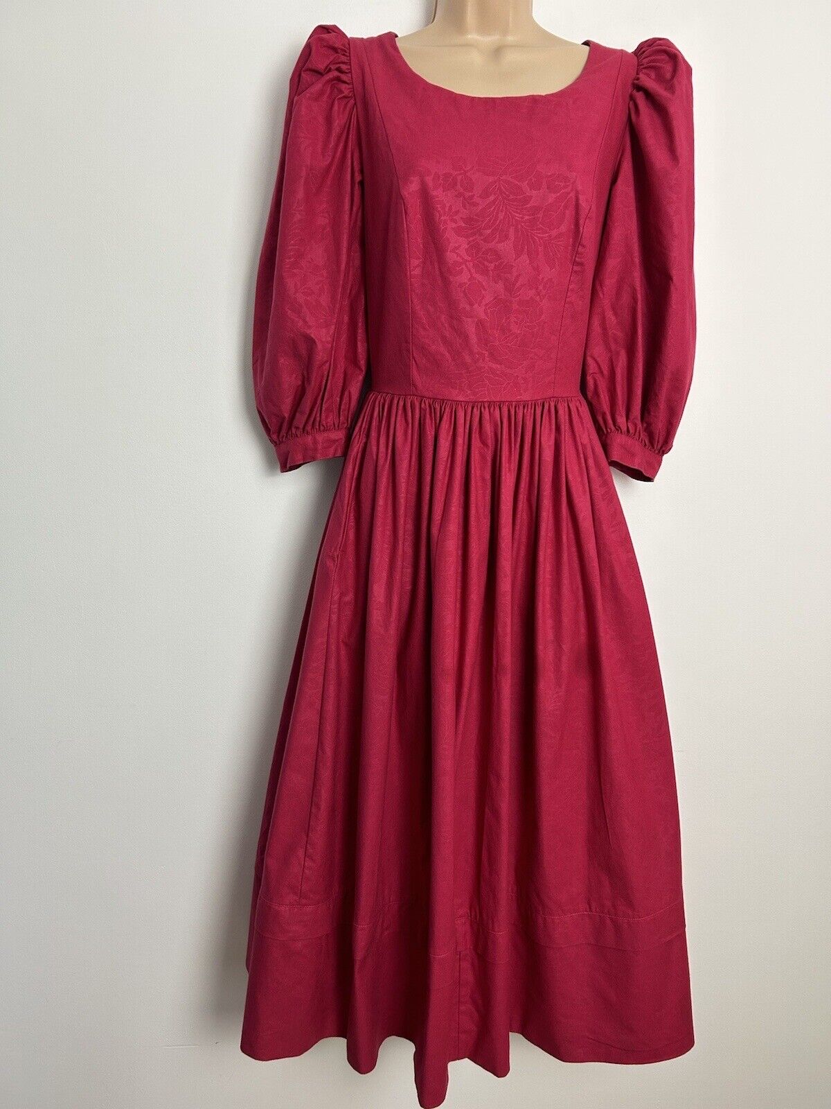 Vintage 1980s LAURA ASHLEY Raspberry Floral Embossed Cross Over Neck Back Detail Pleated Dress