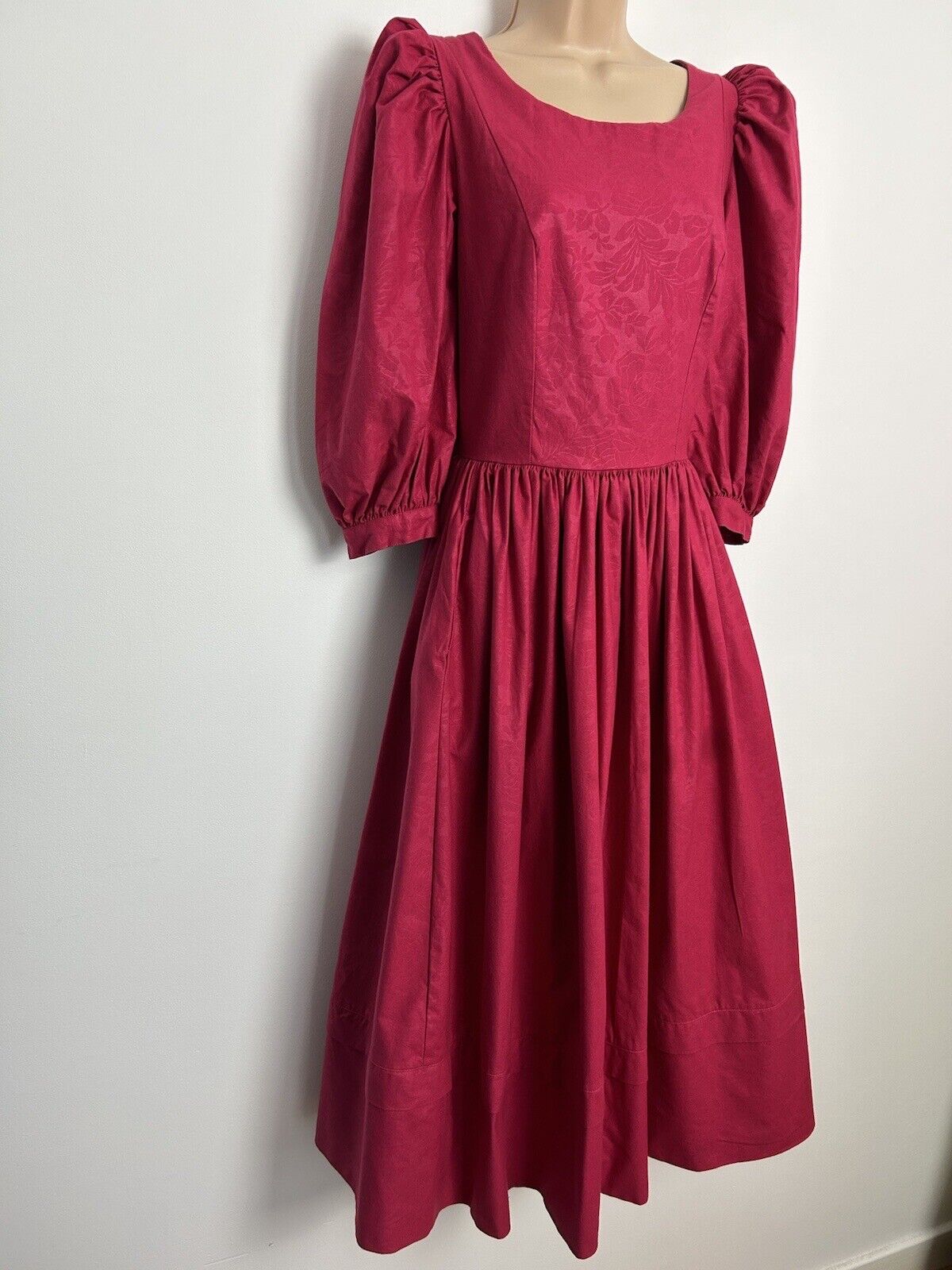 Vintage 1980s LAURA ASHLEY Raspberry Floral Embossed Cross Over Neck Back Detail Pleated Dress