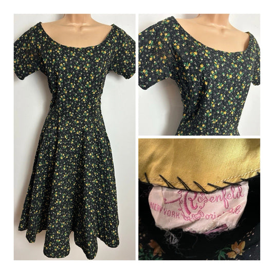 Vintage 1940s HENRY ROSENFELD Size 8 Black & Yellow Floral Quilted Cotton Dress